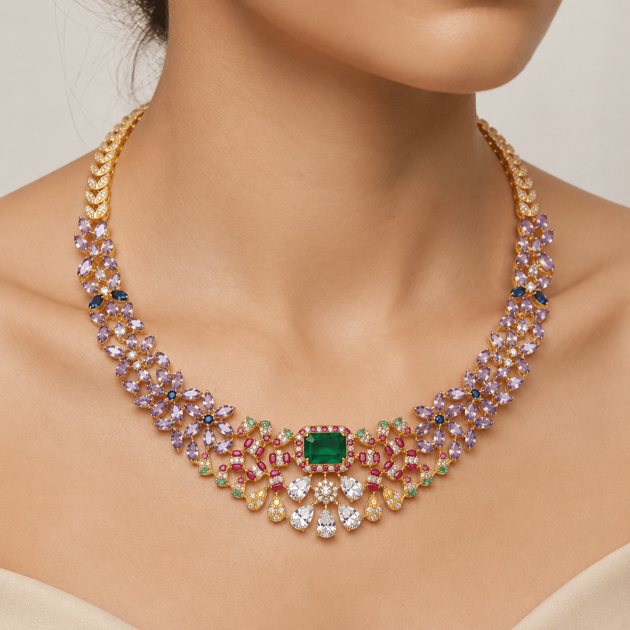 Rainbow Court — Fancy Color Diamond & Emerald Collar Necklace thumbnail 3