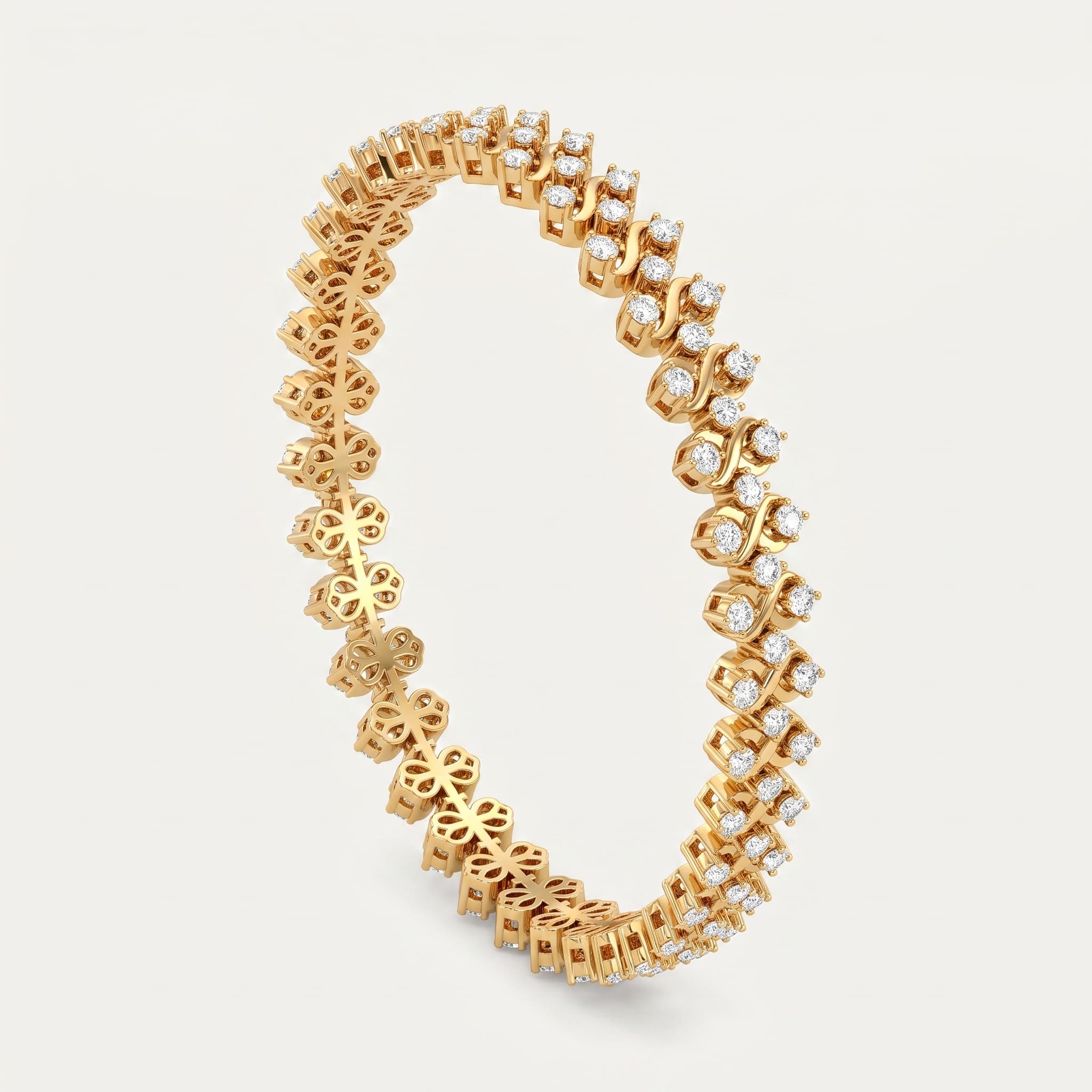 Clover Cascade — Round Diamond Three-Row Floral Link Bracelet on model