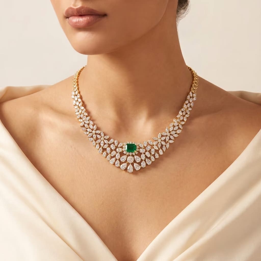 Winter Court — White Diamond & Emerald Collar Necklace on model