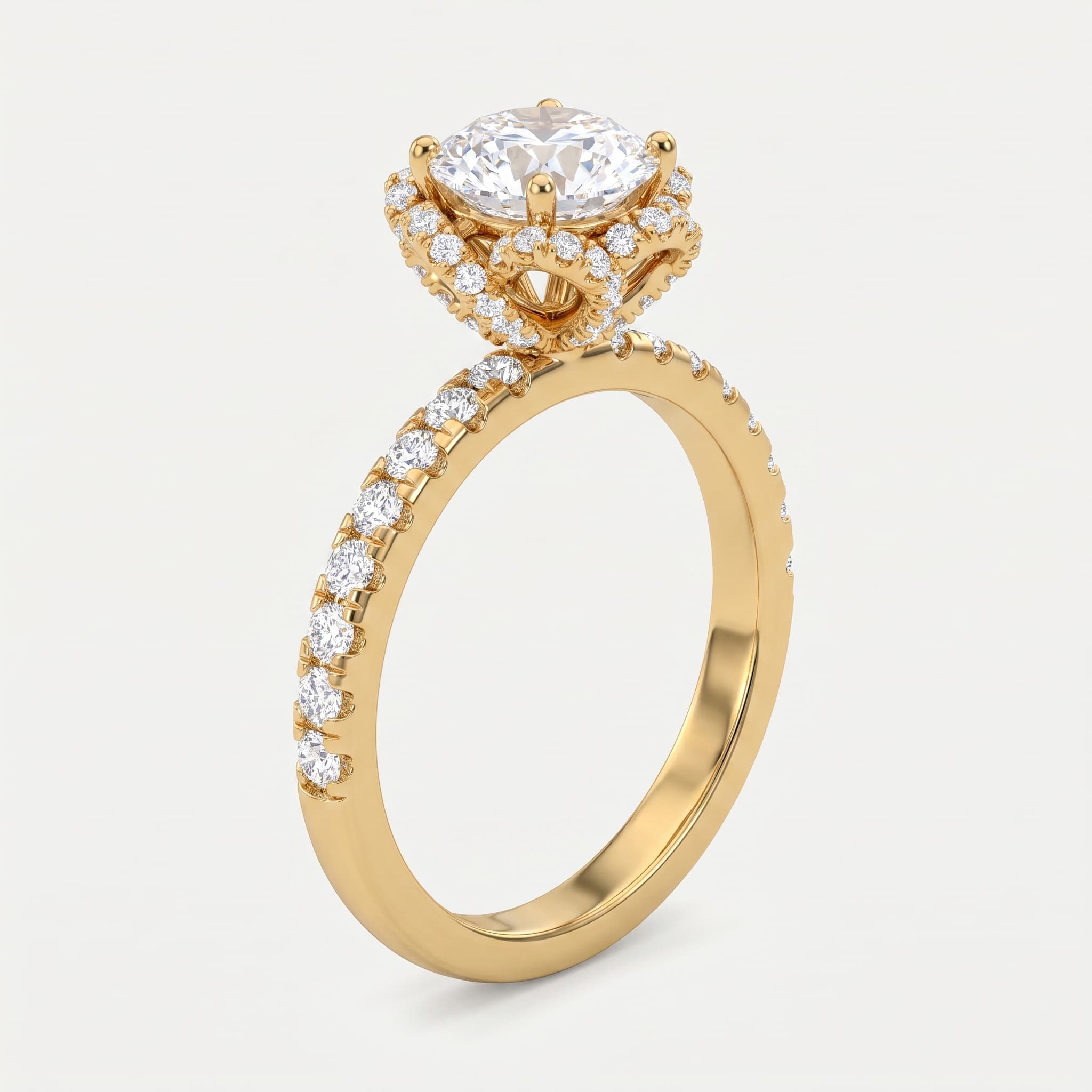 Blossom Halo — Round Diamond Floral Halo Ring with Pavé Shoulders on model