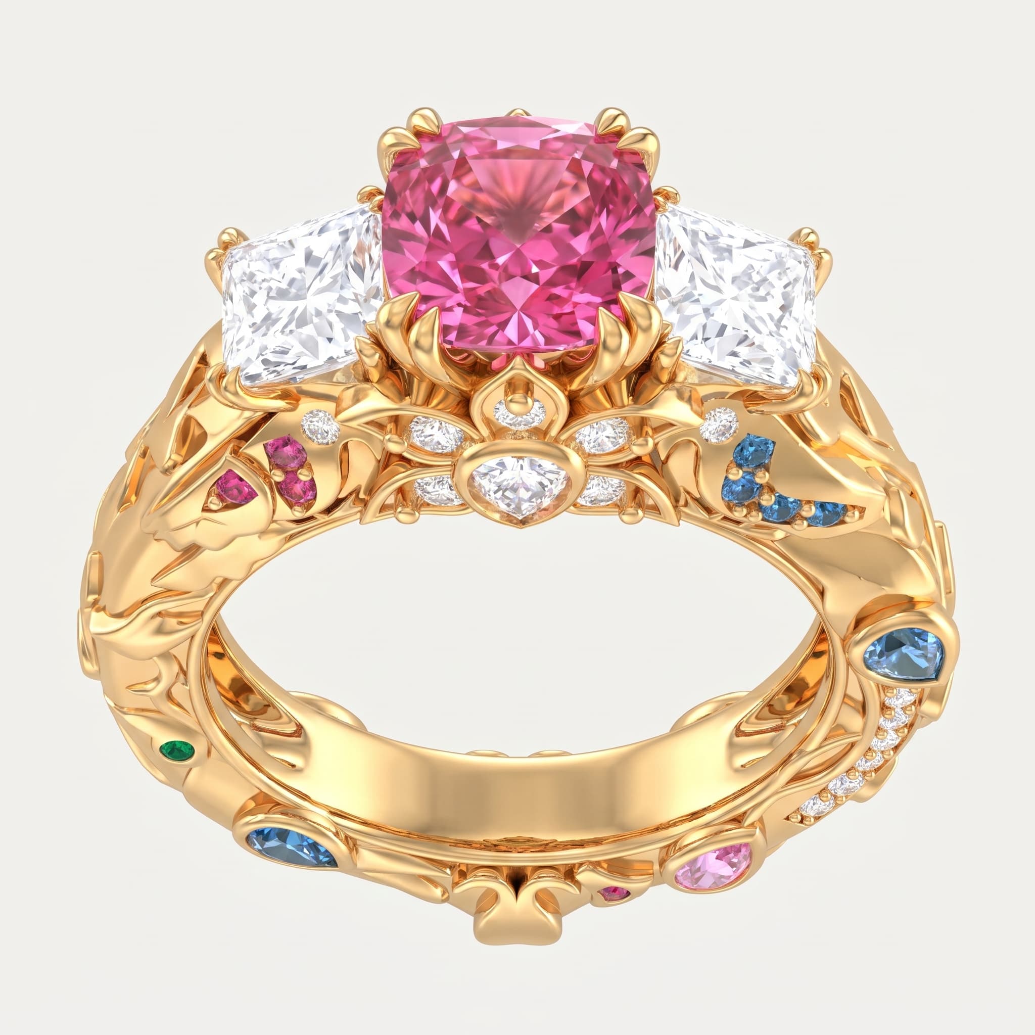 Rosewild — Fancy Pink Cushion Diamond Three Stone Ring on model