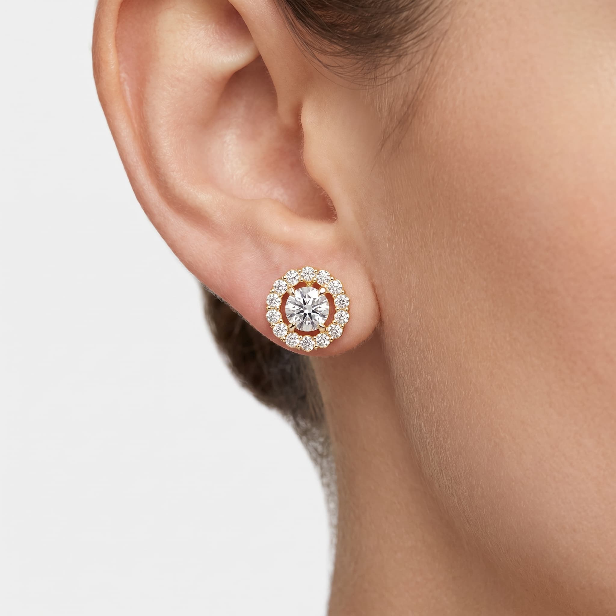 Full Bloom — Round Diamond Halo Stud Earrings on model