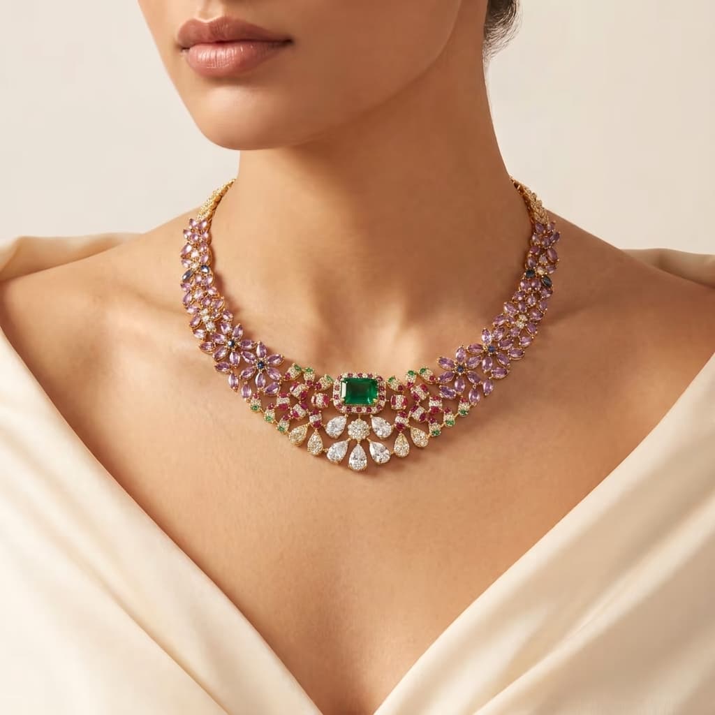 Rainbow Court — Fancy Color Diamond & Emerald Collar Necklace on model