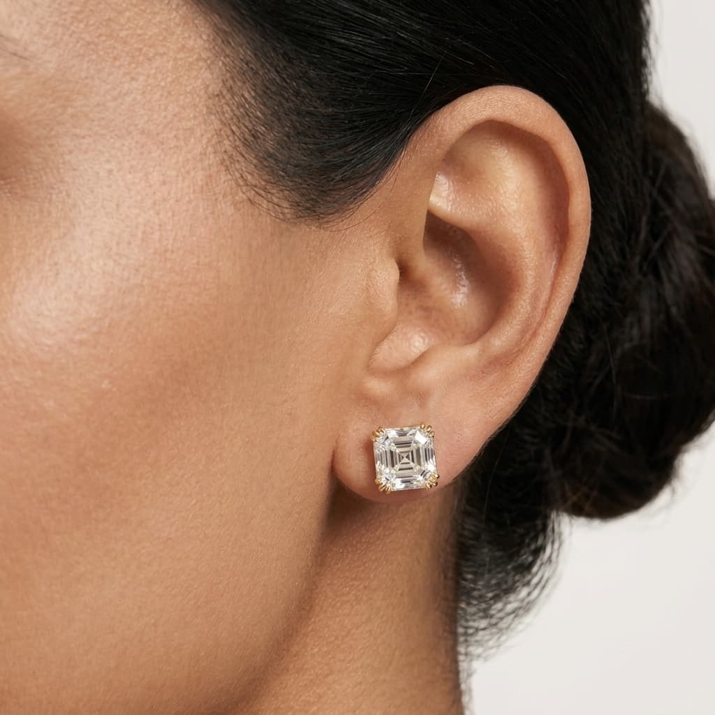 Timeless Cut — Asscher Cut Diamond Threaded Stud Earrings on model