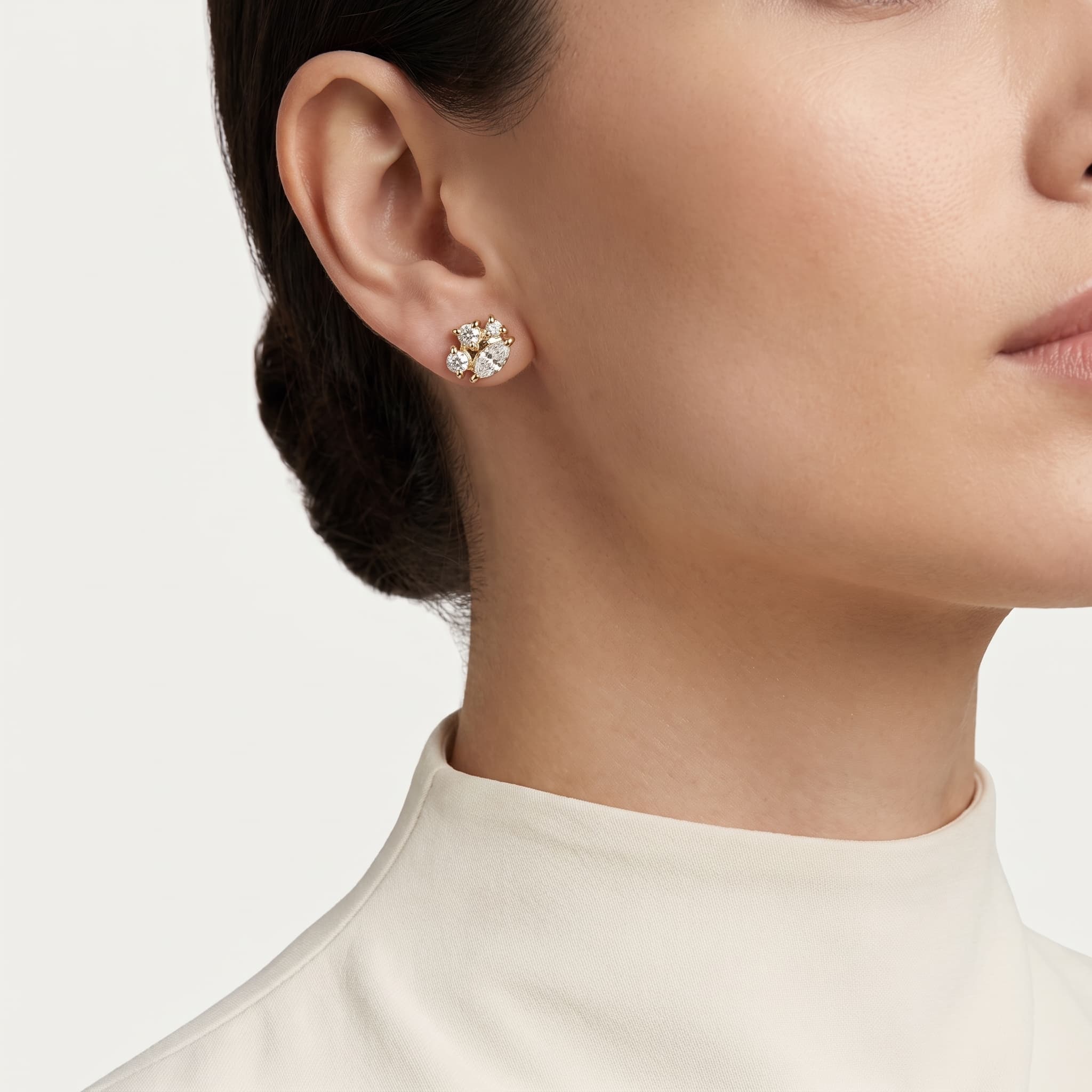 Constellation — Marquise & Round Diamond Mix Cluster Stud Earrings on model