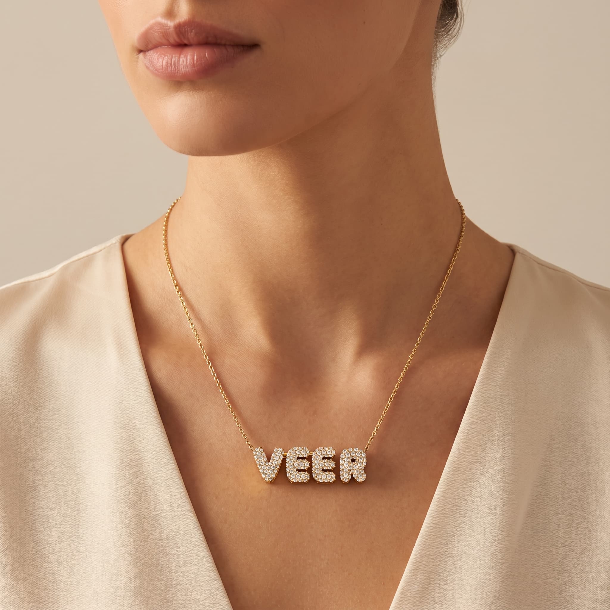 Veer — Fully Iced Diamond Bubble Name Pendant on model