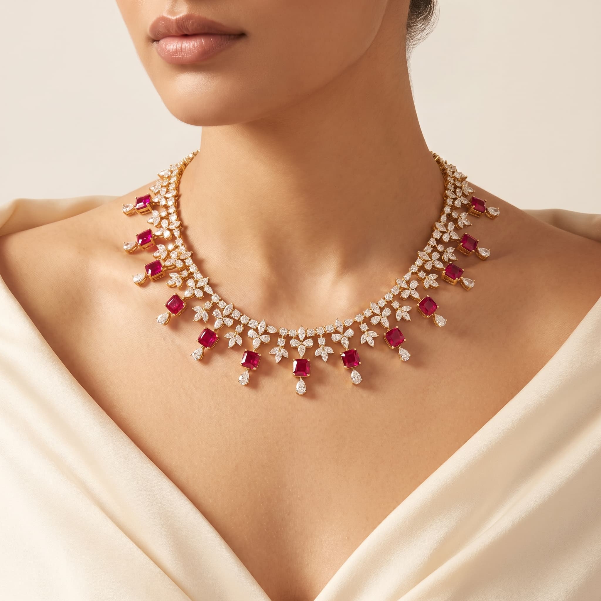 Crimson Cascade — Fancy Red Diamond Statement Necklace on model