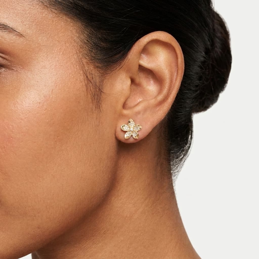 Plumeria — Pavé Diamond Flower Stud Earrings on model