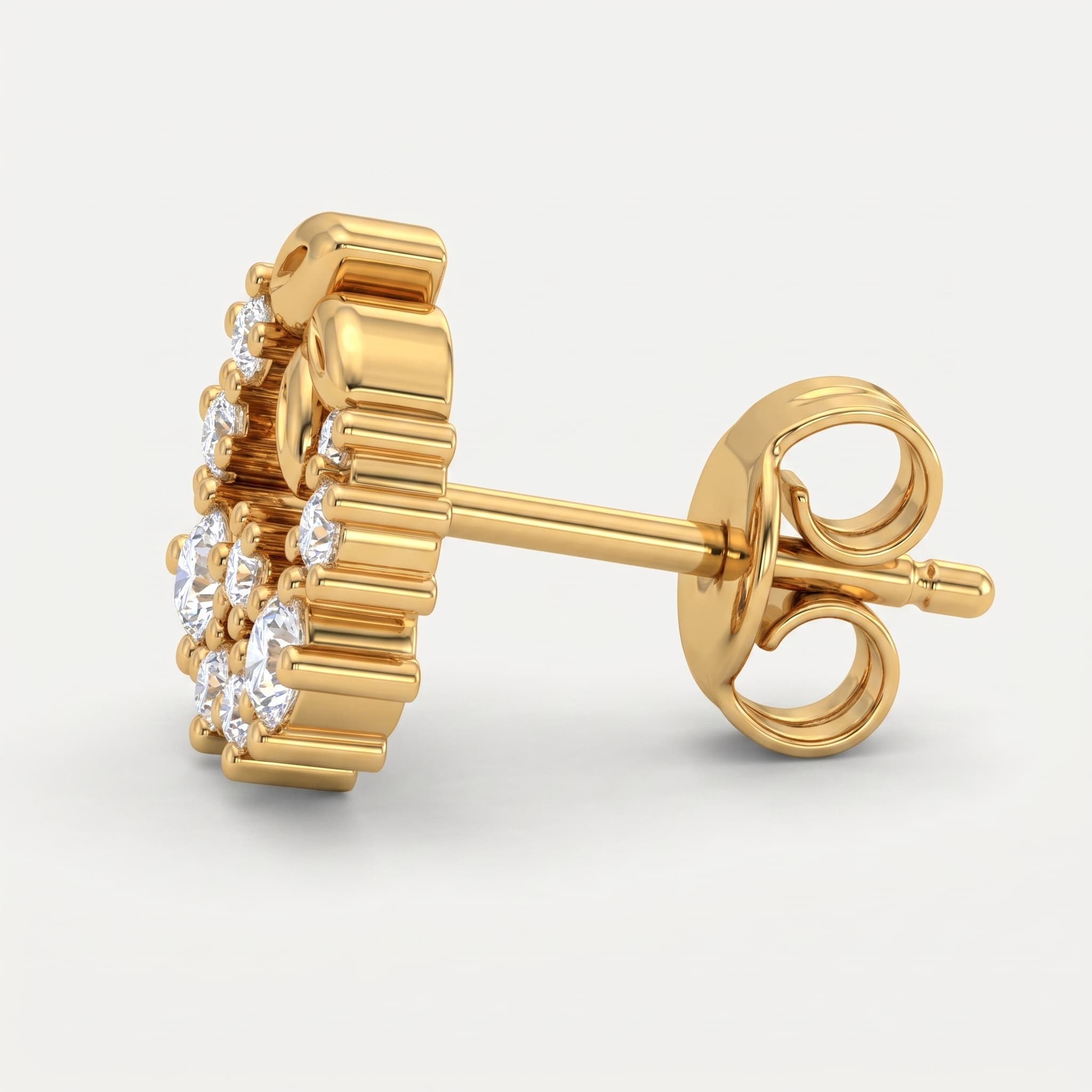 Golden Bloom — Diamond & Gold Leaf Pinwheel Stud Earrings on model