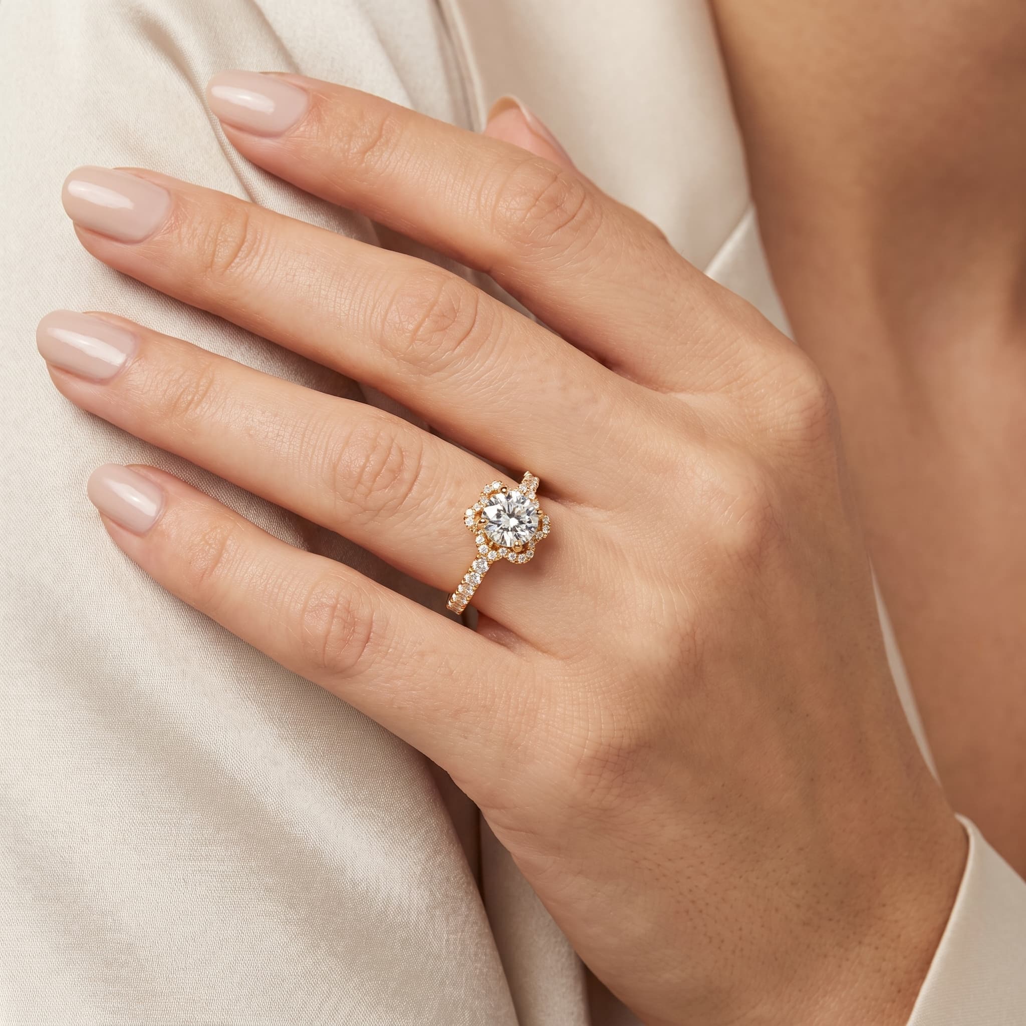 Blossom Halo — Round Diamond Floral Halo Ring with Pavé Shoulders thumbnail 3
