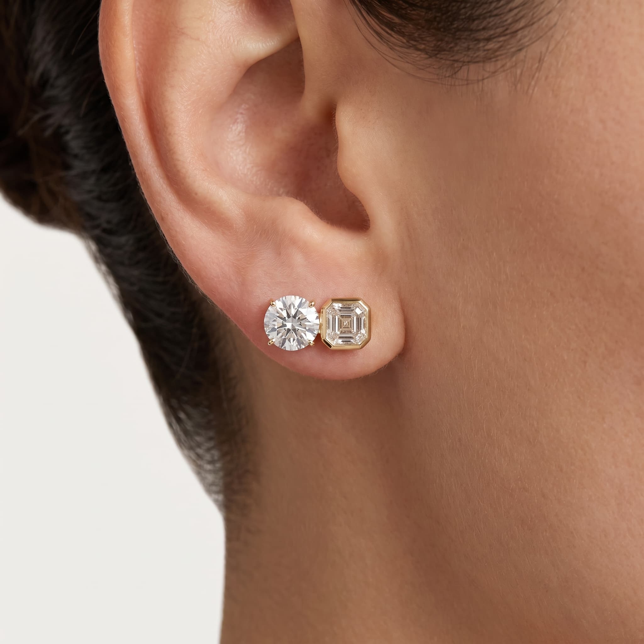Duality — Round & Asscher Diamond Split Bezel Stud Earrings on model