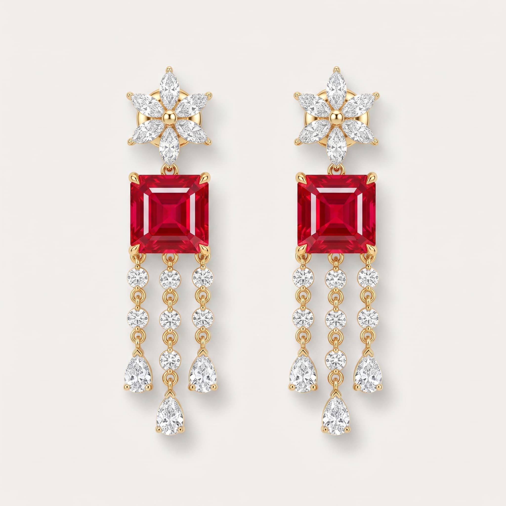 Crimson Cascade — Ruby & Diamond Chandelier Drop Earrings