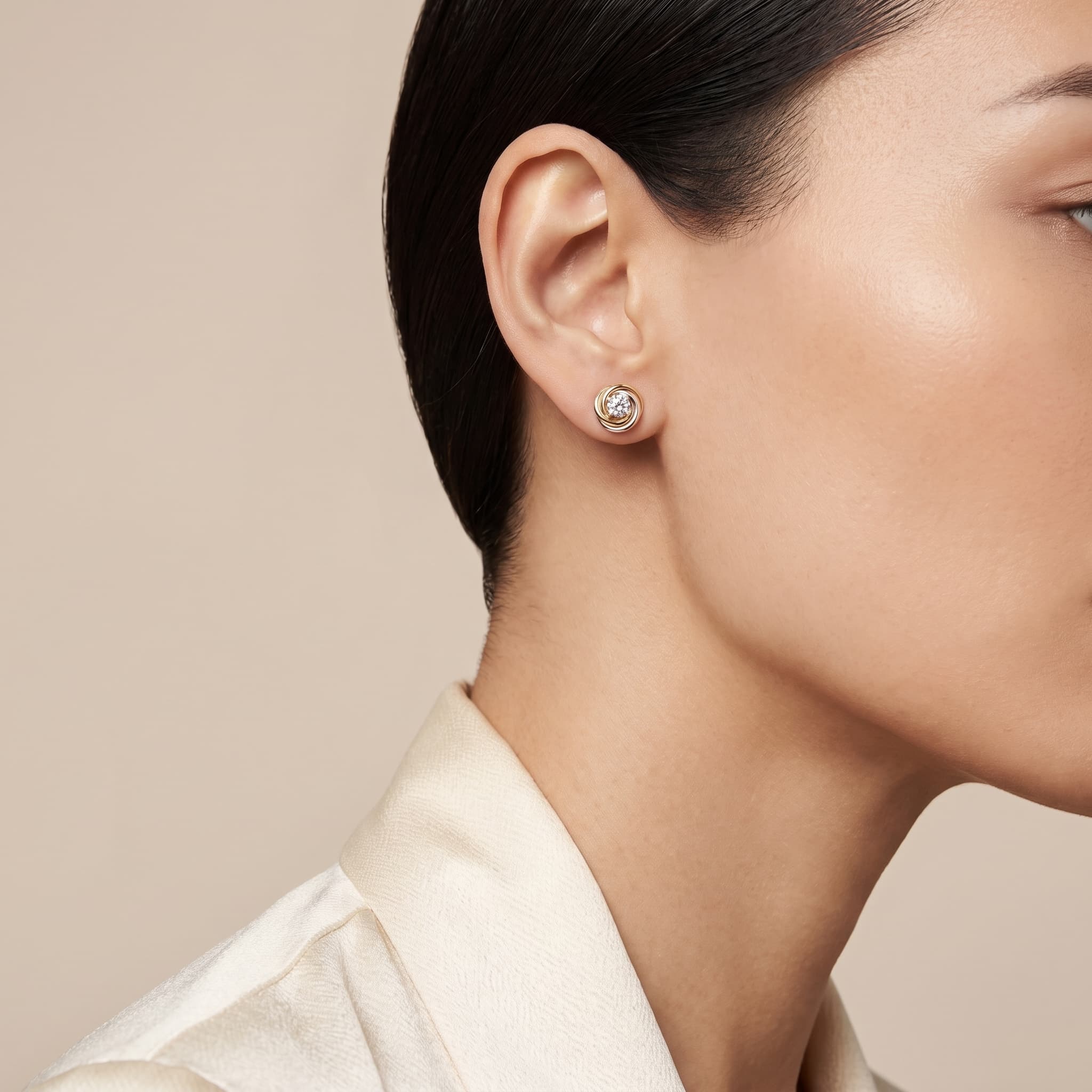Trinity Knot Diamond Stud Earrings on model