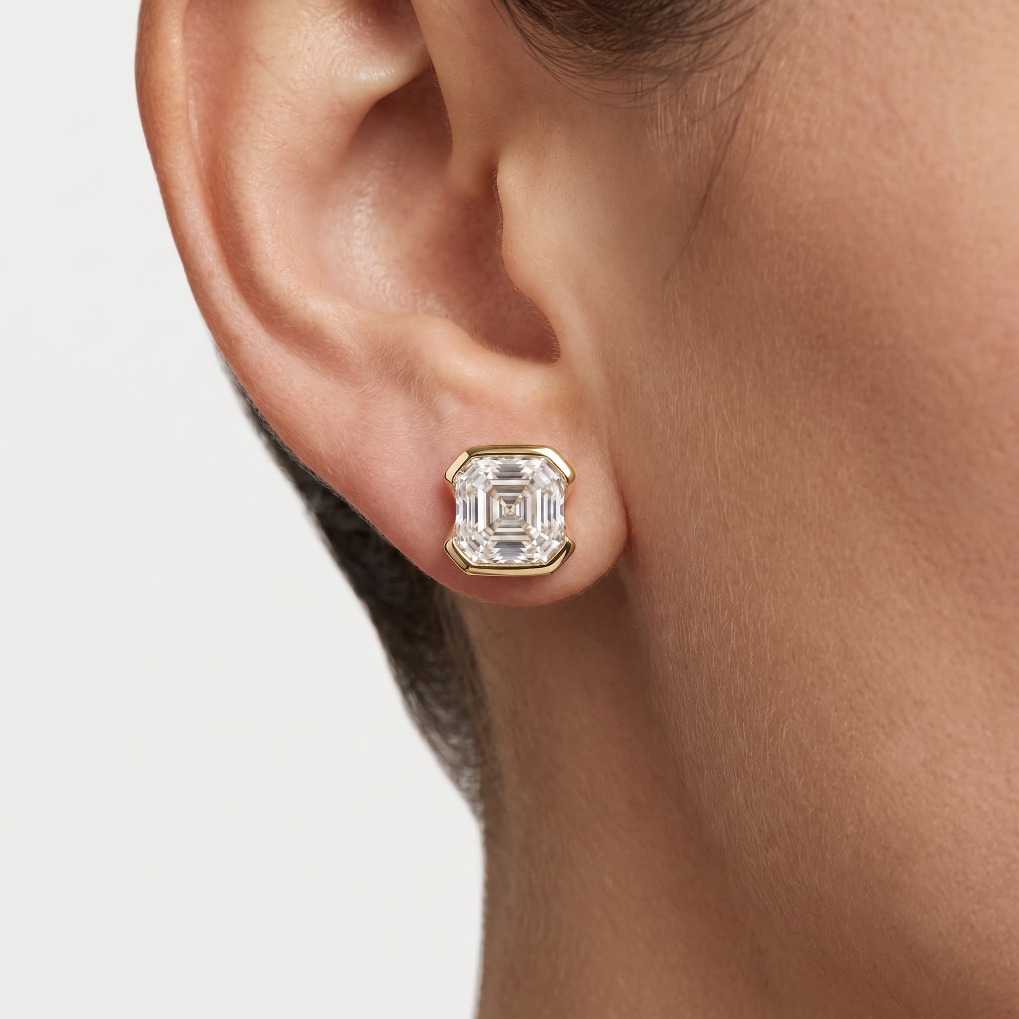 Clean Cut — Asscher Cut Diamond Solitaire Stud Earrings on model