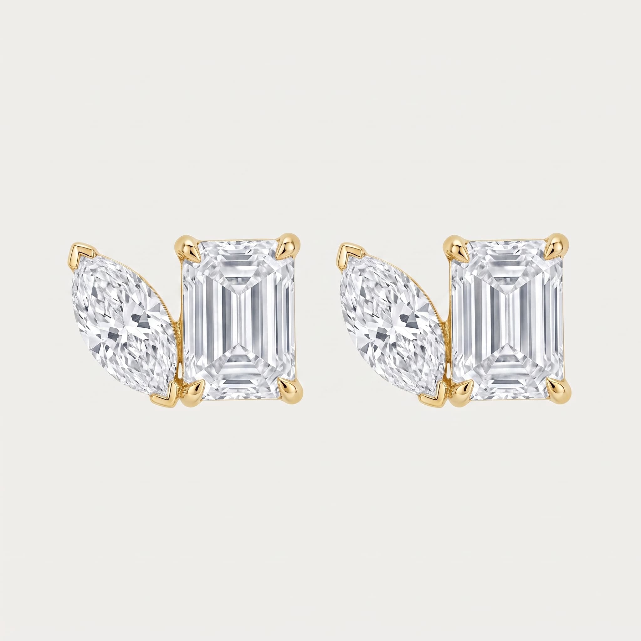 Dual Grace — Emerald & Marquise Diamond Two-Stone Stud Earrings
