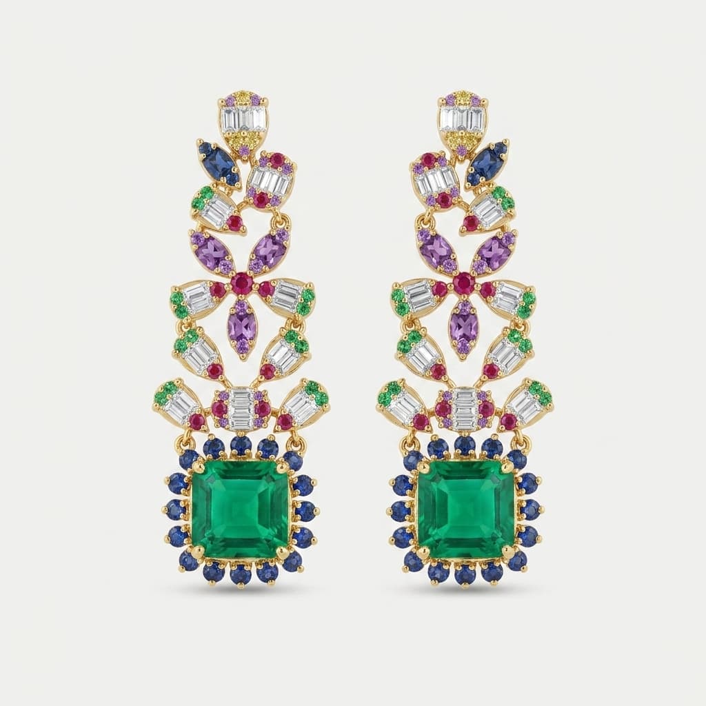 Rainbow Garden — Fancy Color Diamond & Emerald Cascade Earrings