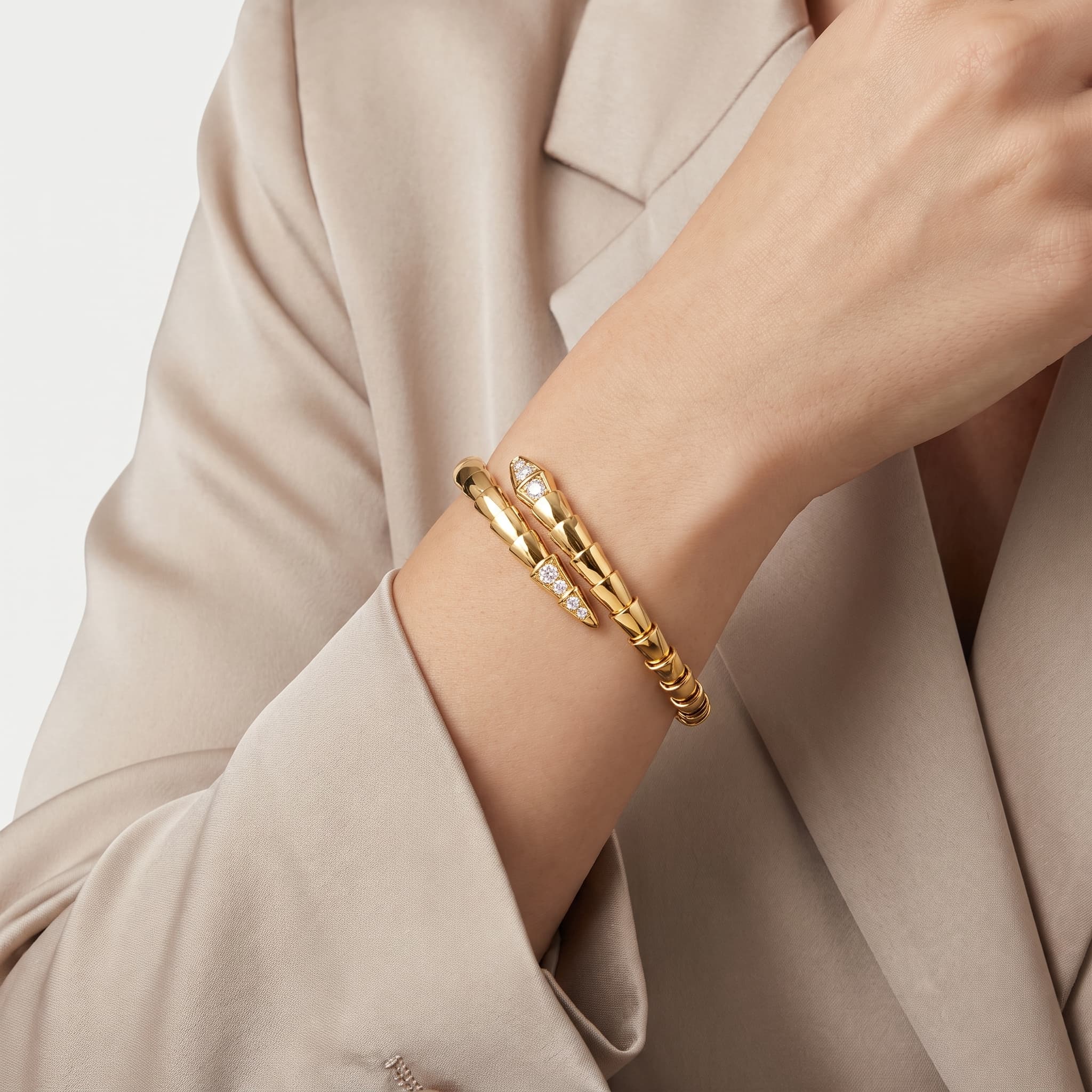 Serpent's Kiss — Round Diamond Open Coil Bangle with Graduated Tips on model