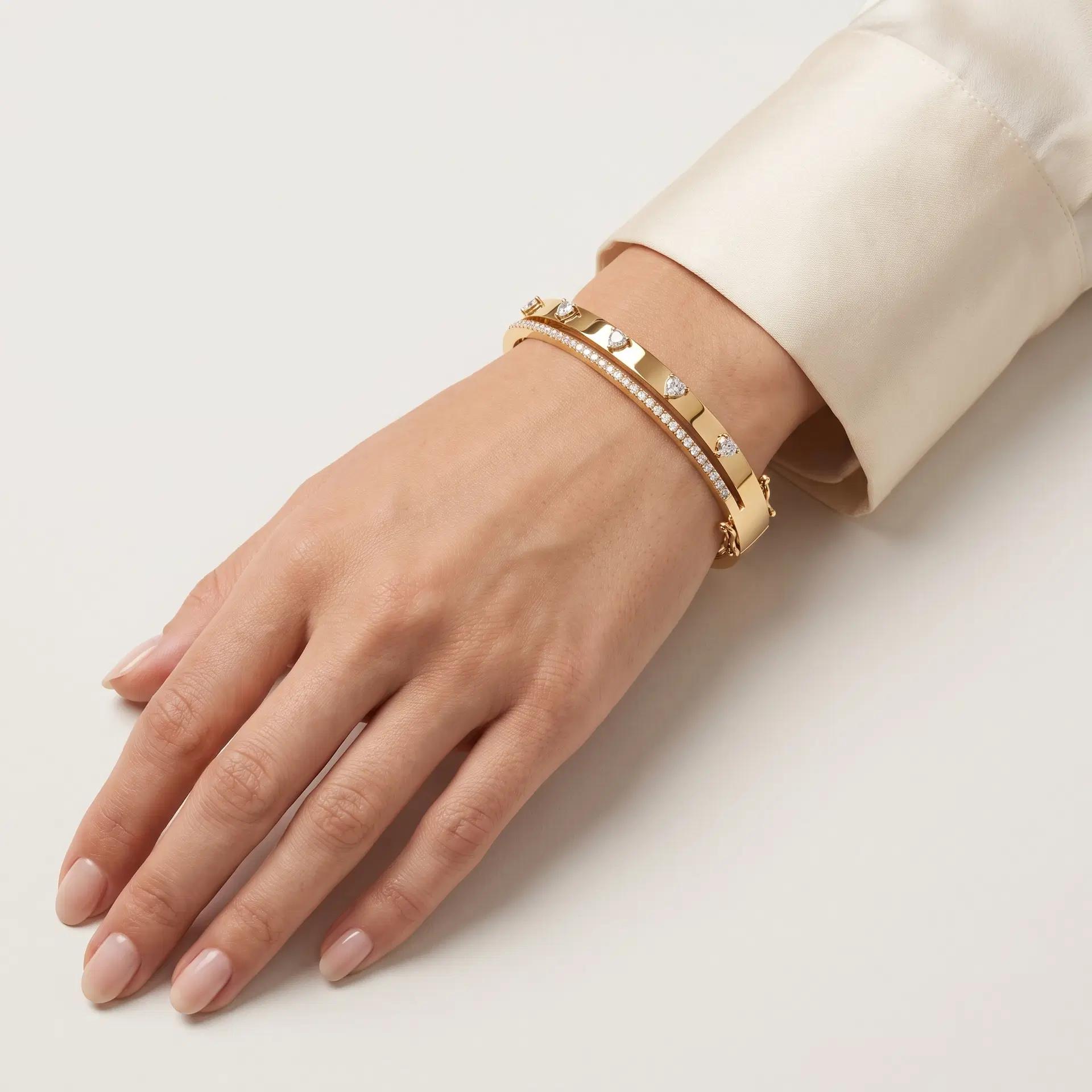 Heart Diamond Gold Bangle Bracelet on model