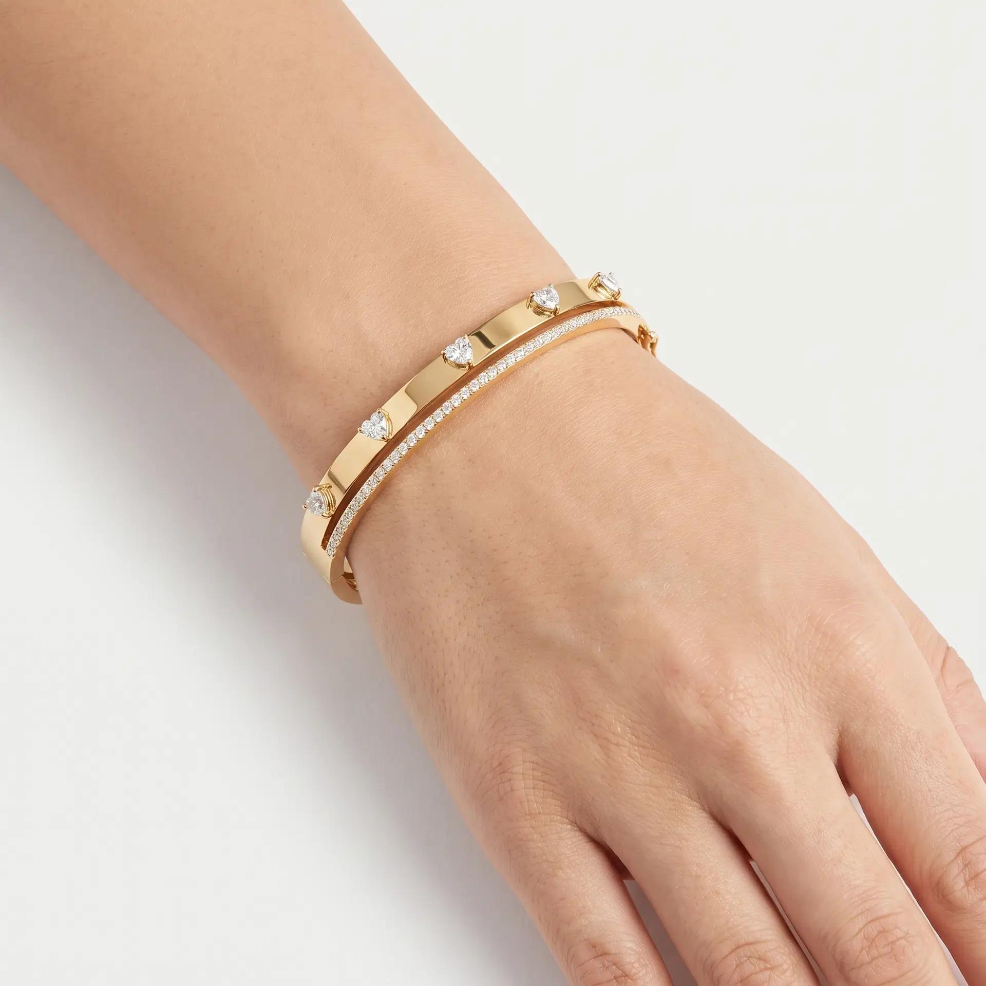 Heart Diamond Gold Bangle Bracelet on model