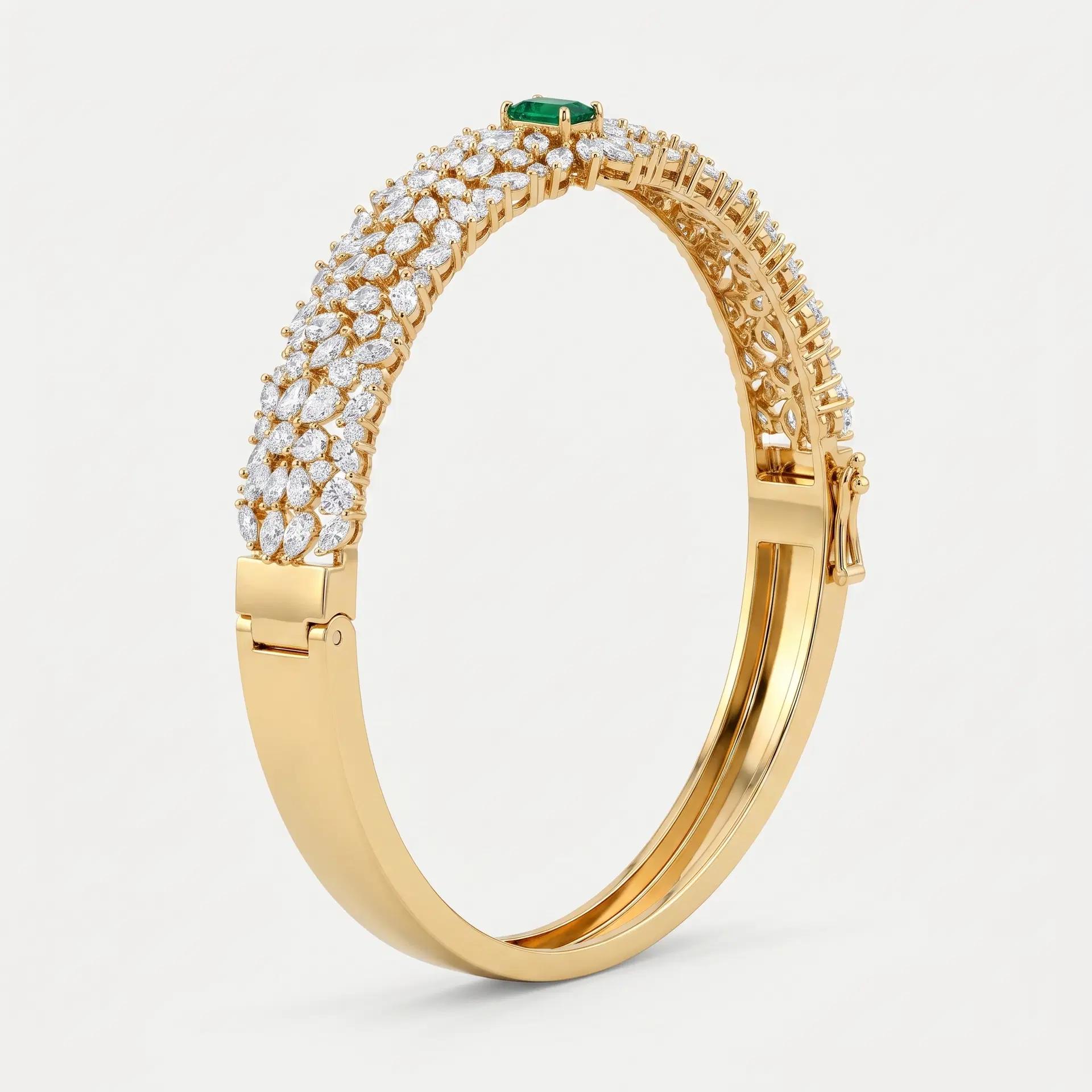Fancy Green Diamond & Marquise Diamond Statement Bangle on model