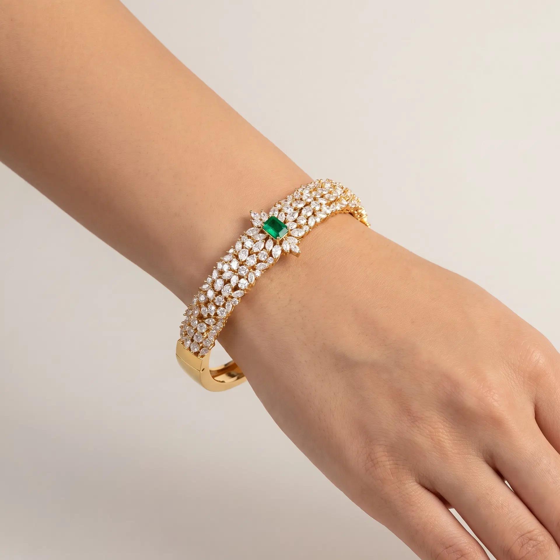 Fancy Green Diamond & Marquise Diamond Statement Bangle on model