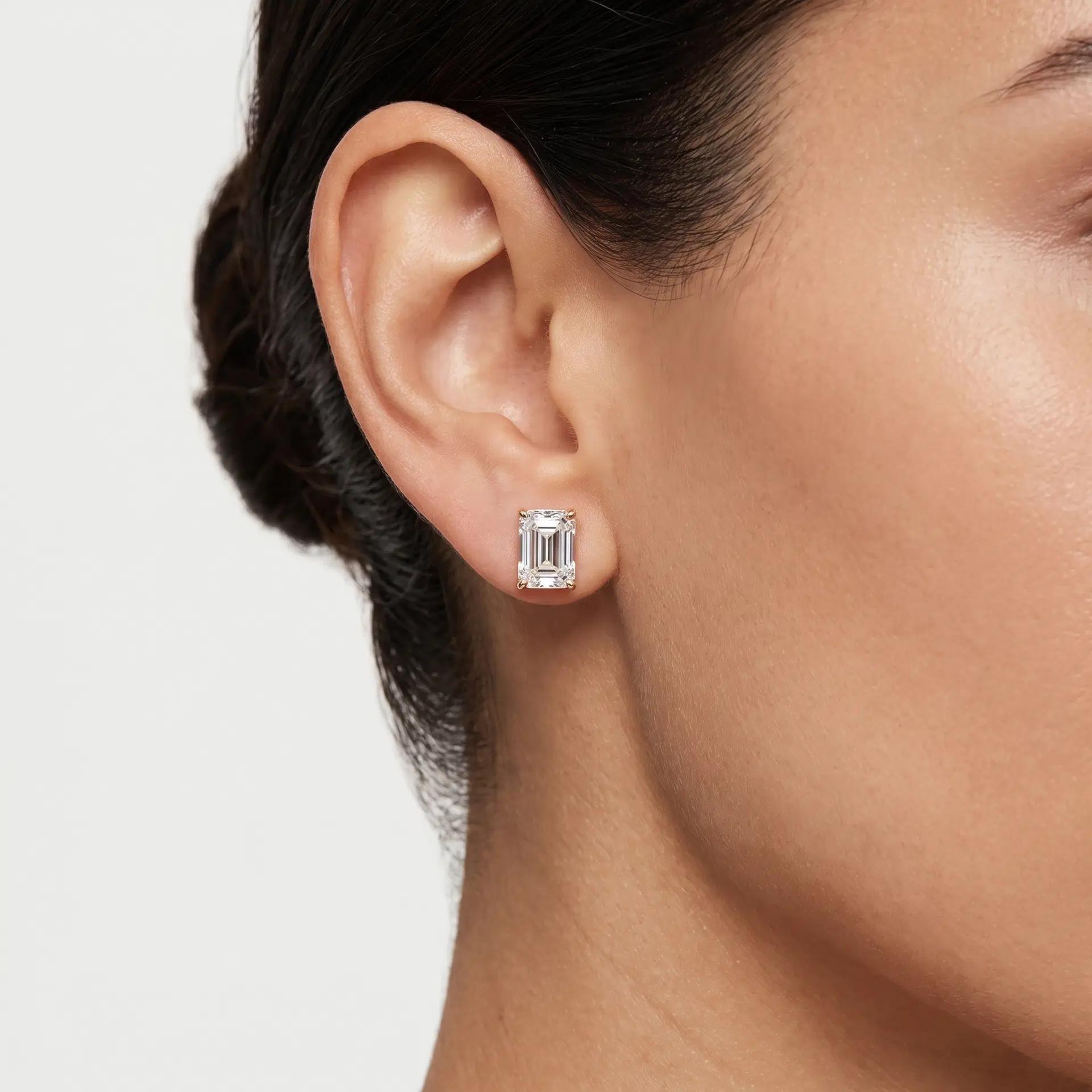 Emerald Cut Diamond Stud Earrings on model
