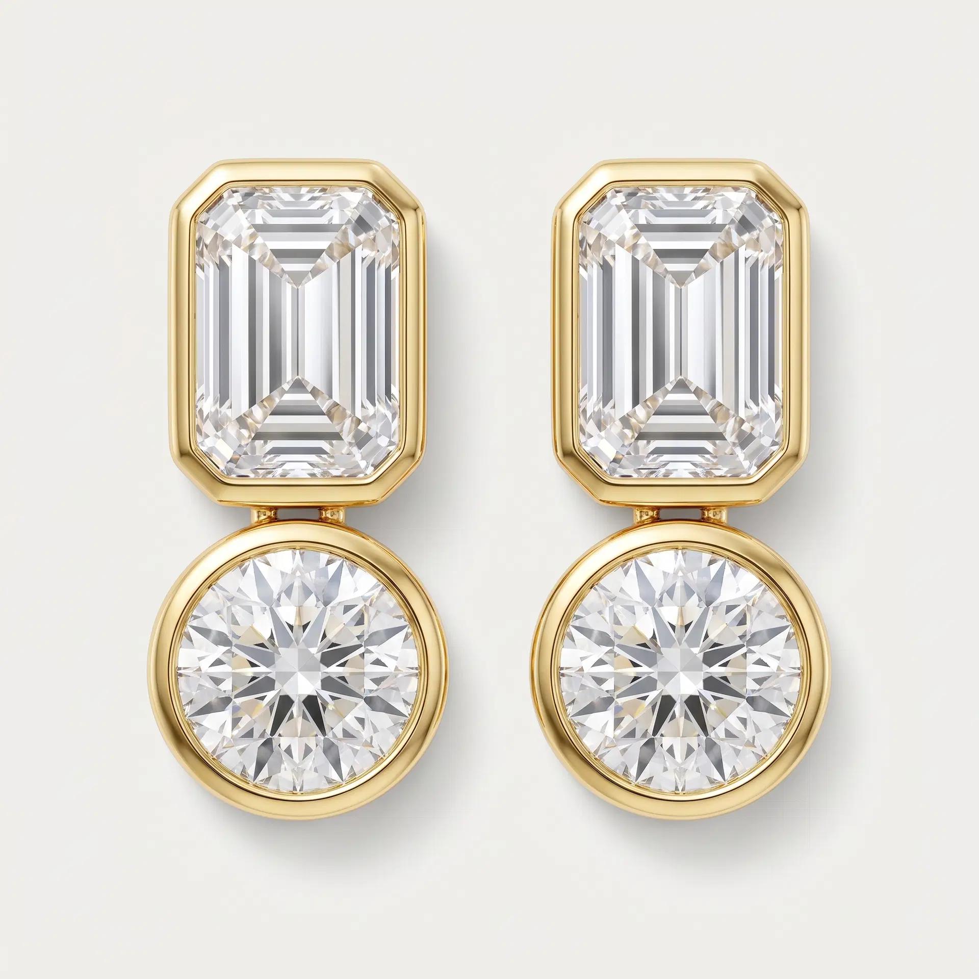 Emerald & Round Diamond Bezel Stud Earrings