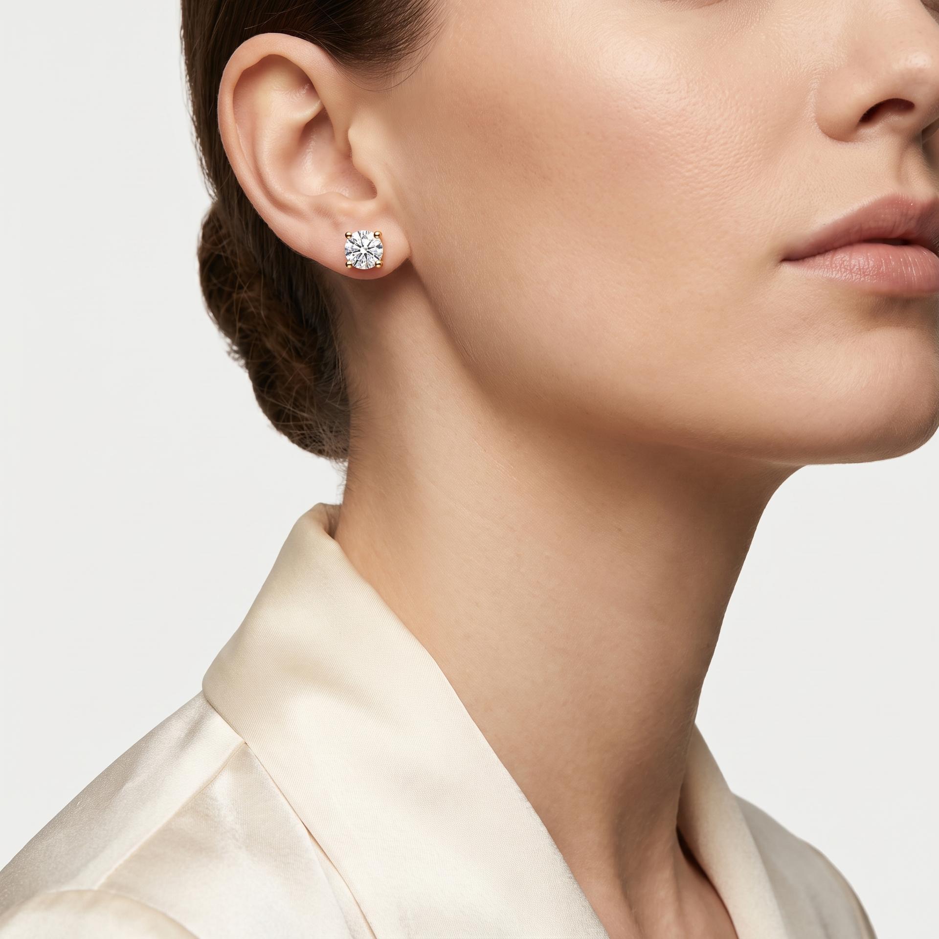 Round Diamond Stud Earrings on model