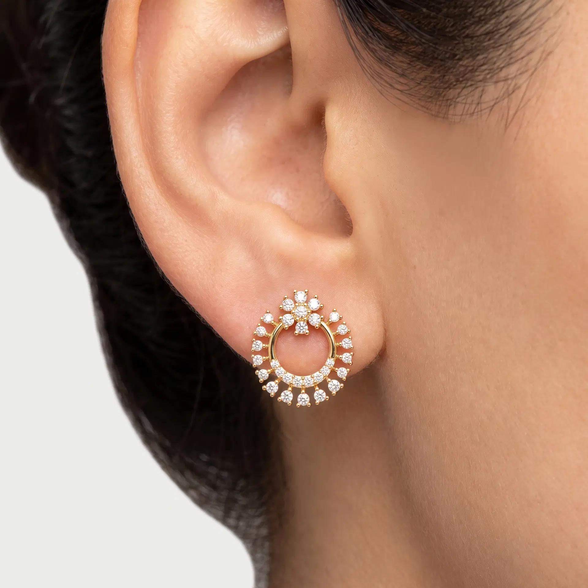 Celestial Floral Diamond Earrings on model