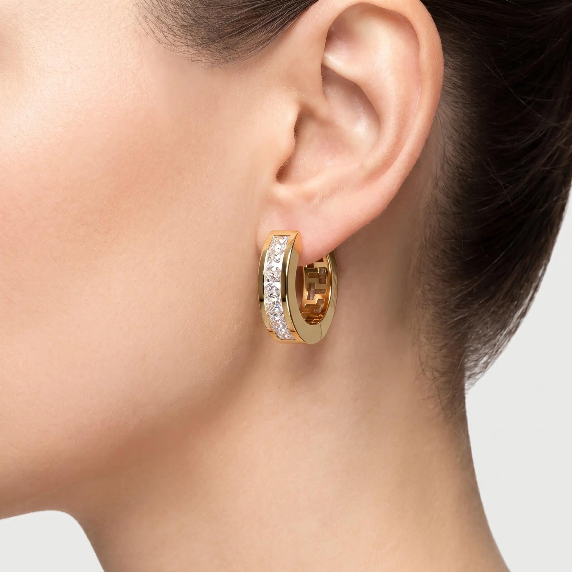 Princess Cut Diamond Channel Hoop Earrings on model