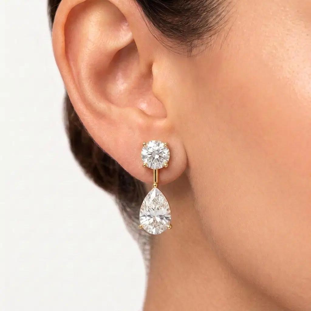 Classic Round & Pear Diamond Drop Earrings on model