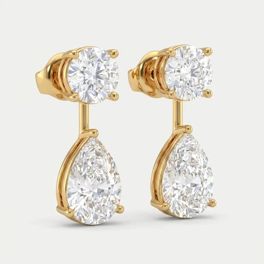 Classic Round & Pear Diamond Drop Earrings on model