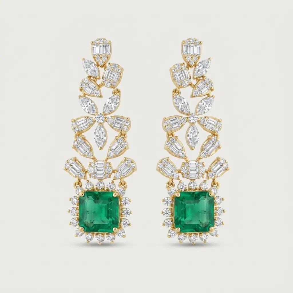 White Diamond & Emerald Cascade Drop Earrings