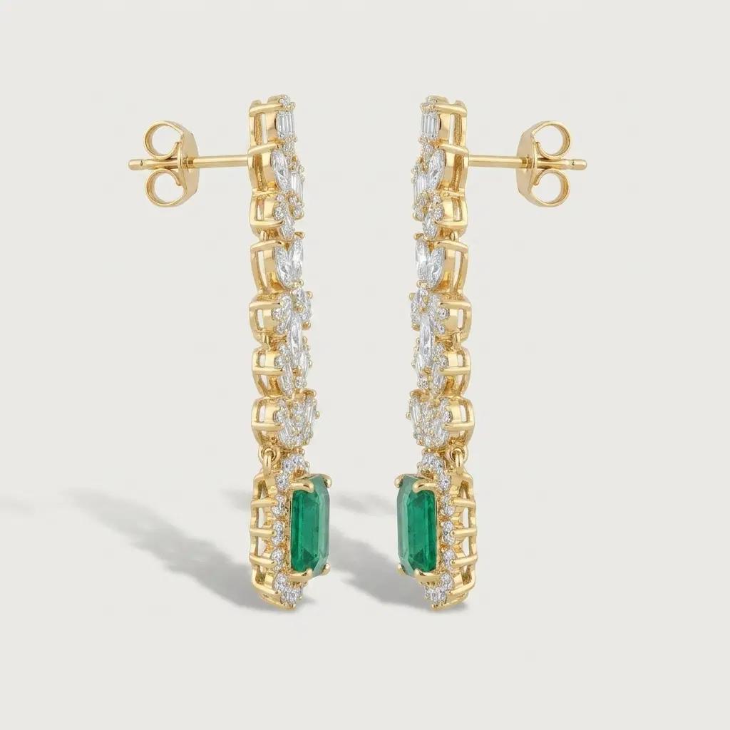 White Diamond & Emerald Cascade Drop Earrings on model