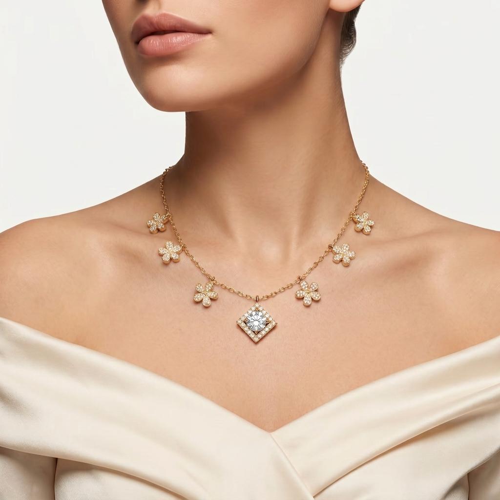Floral Charm Diamond Necklace on model