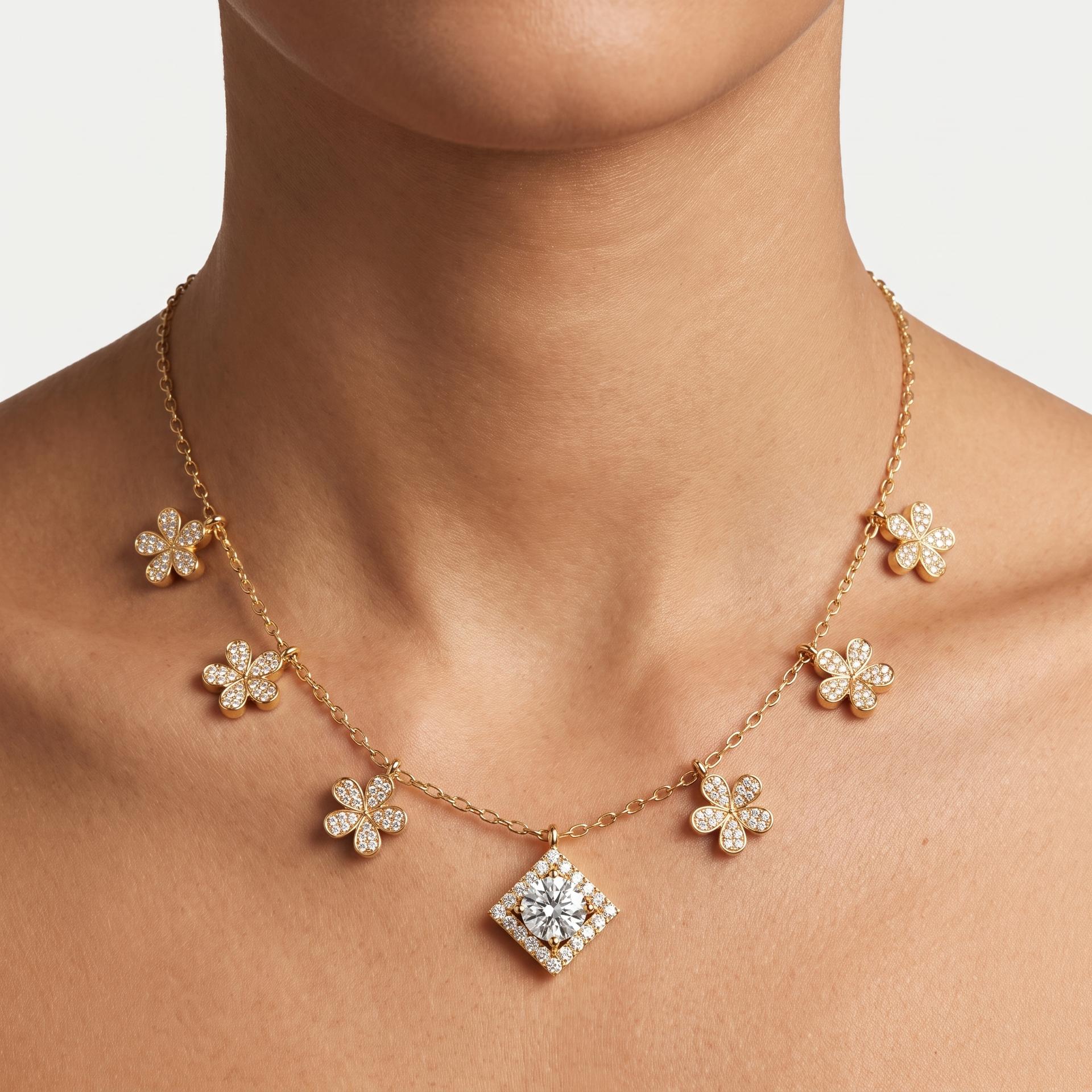 Floral Charm Diamond Necklace on model
