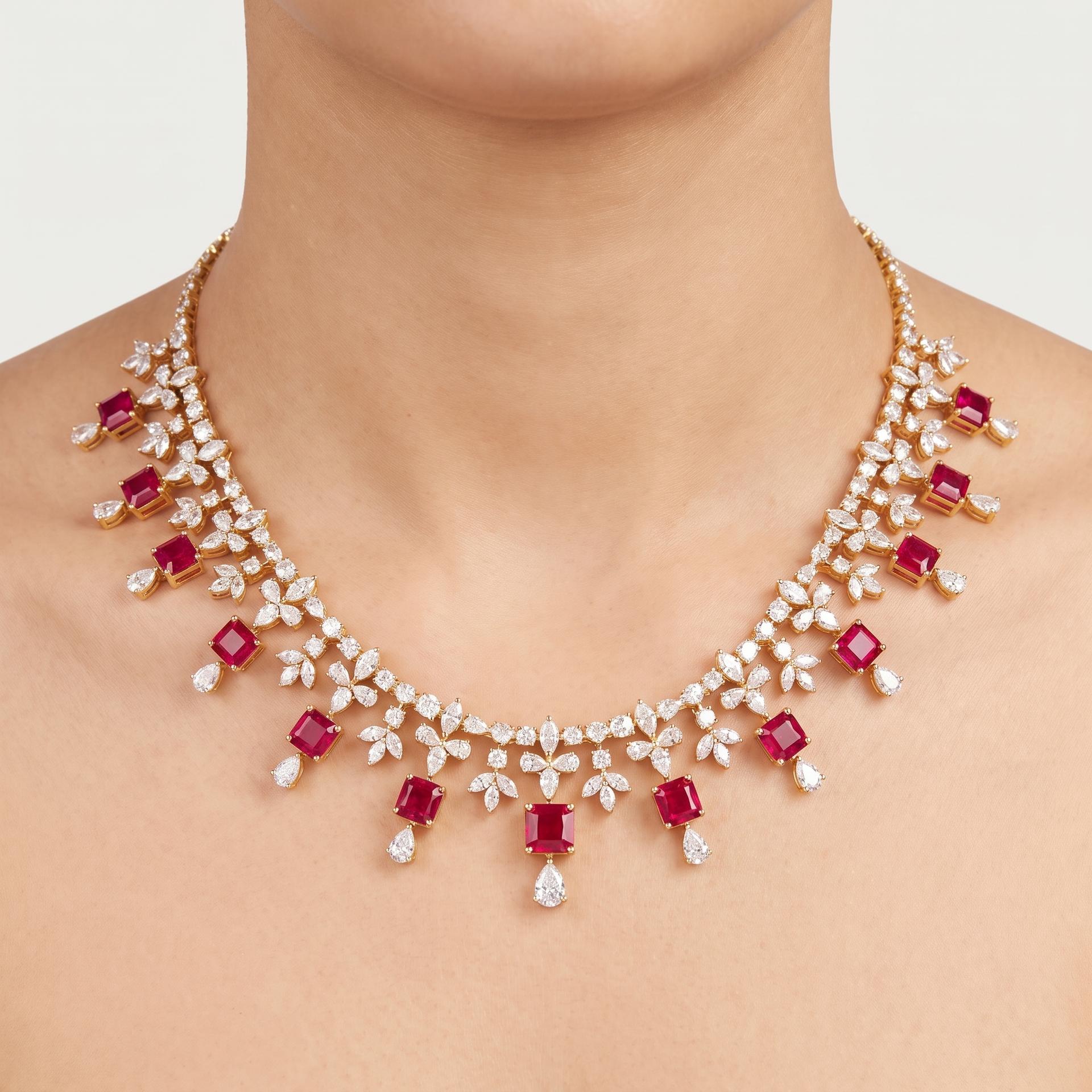 Ruby Floral Diamond Necklace on model