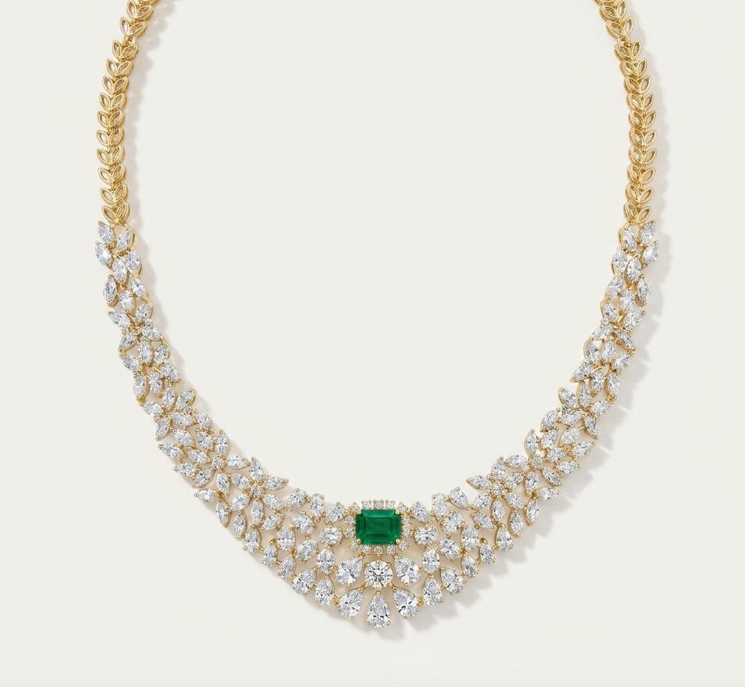 Emerald & White Diamond Floral Necklace