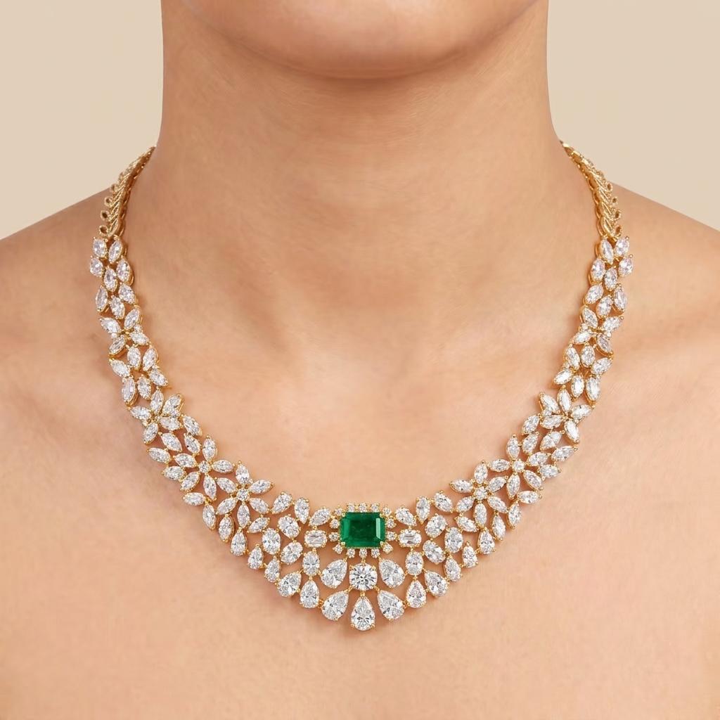Emerald & White Diamond Floral Necklace on model