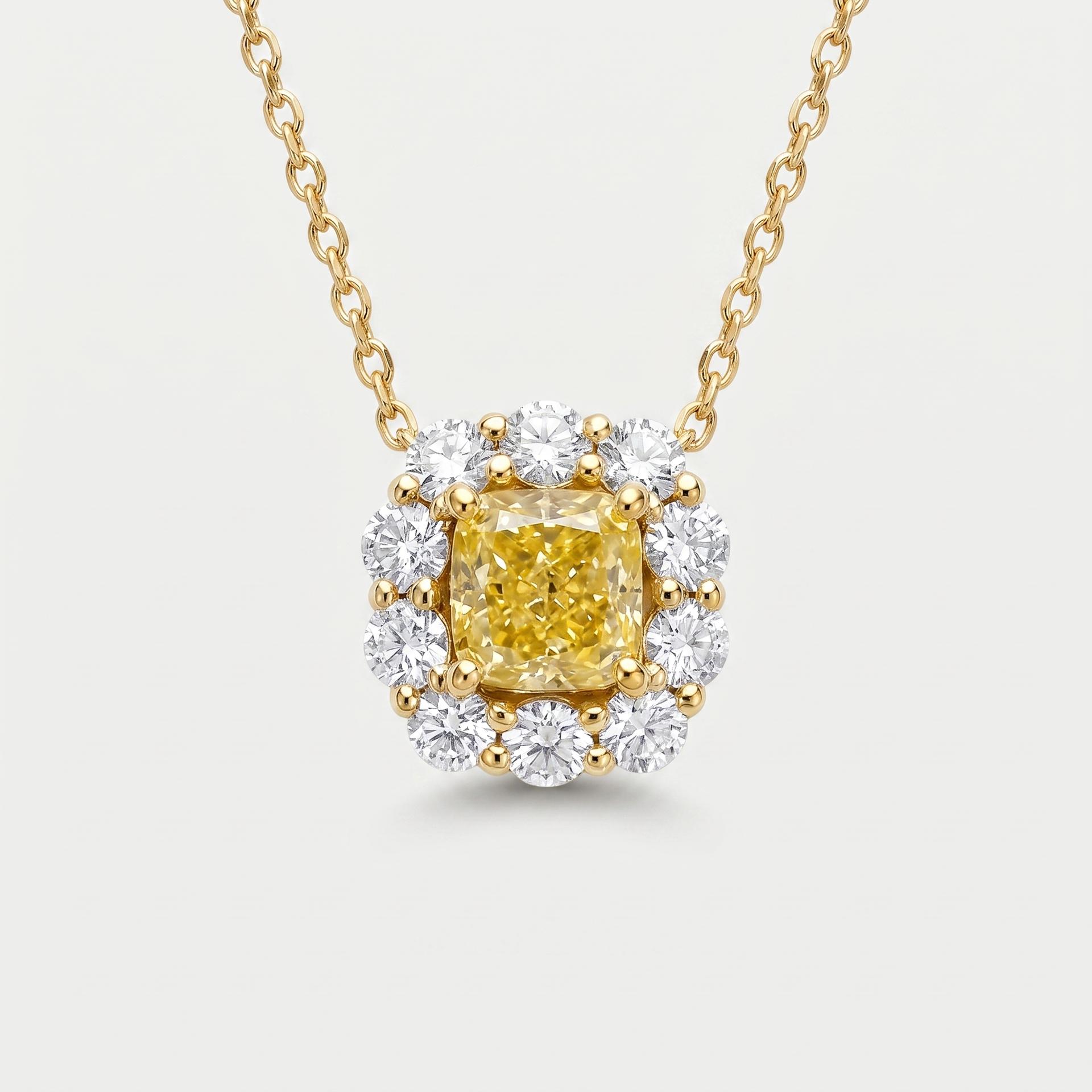 Radiant Cushion-Cut Yellow Diamond Halo Pendant