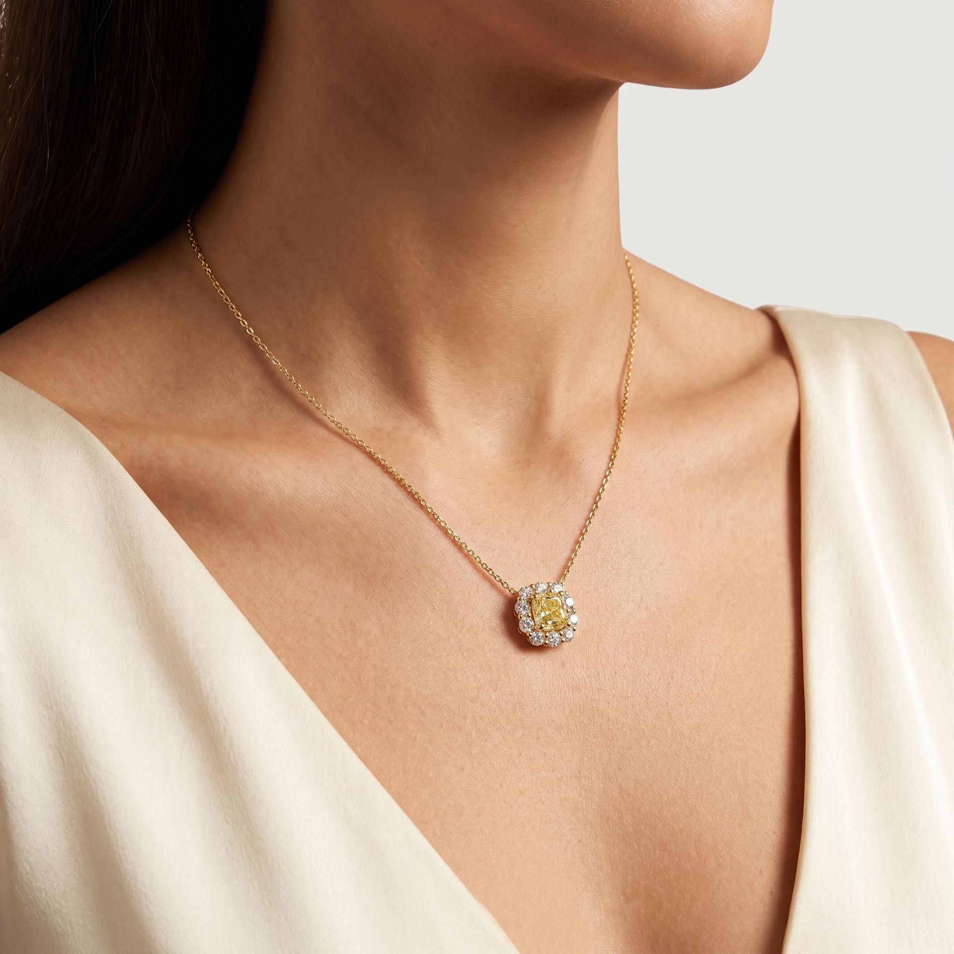 Radiant Cushion-Cut Yellow Diamond Halo Pendant on model
