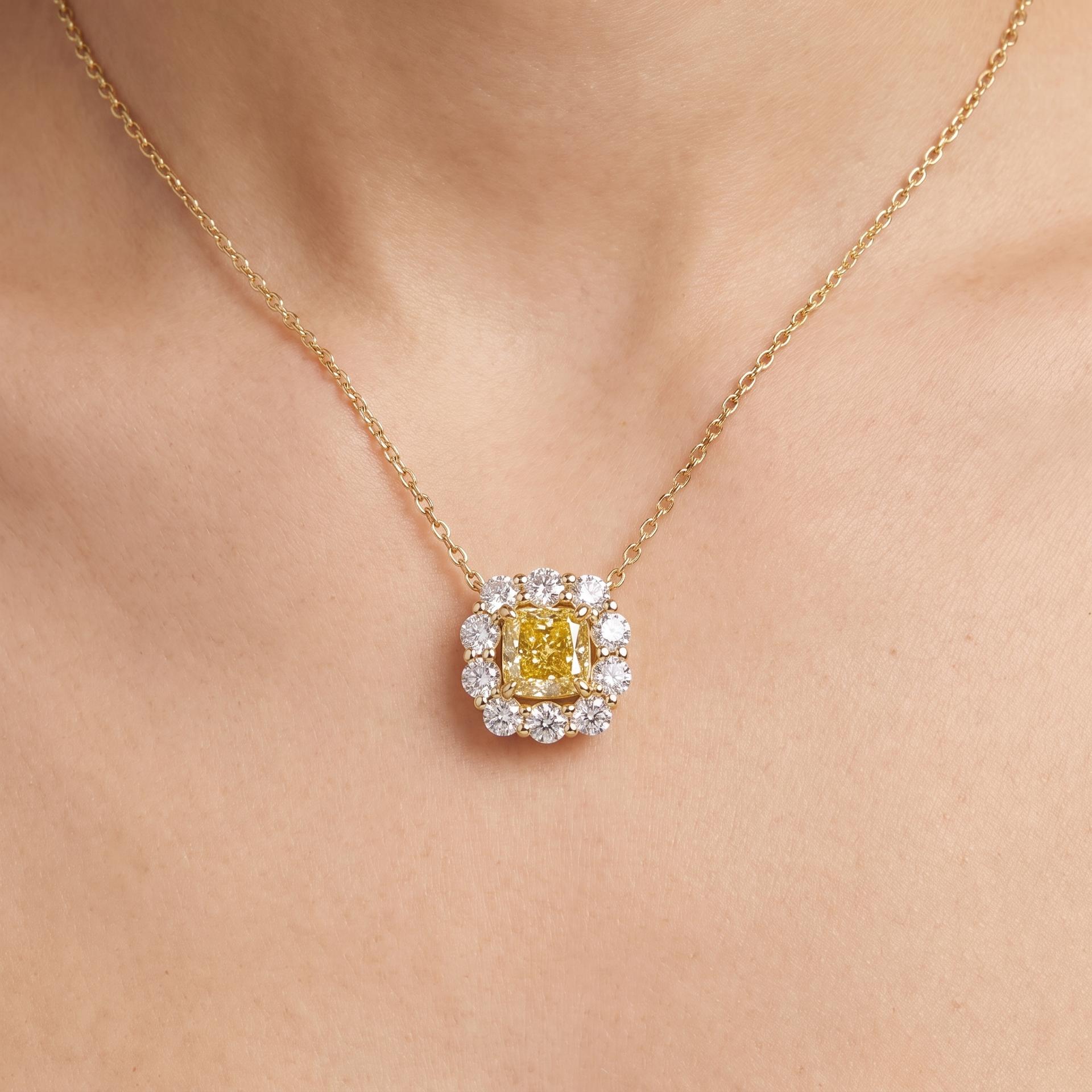 Radiant Cushion-Cut Yellow Diamond Halo Pendant on model