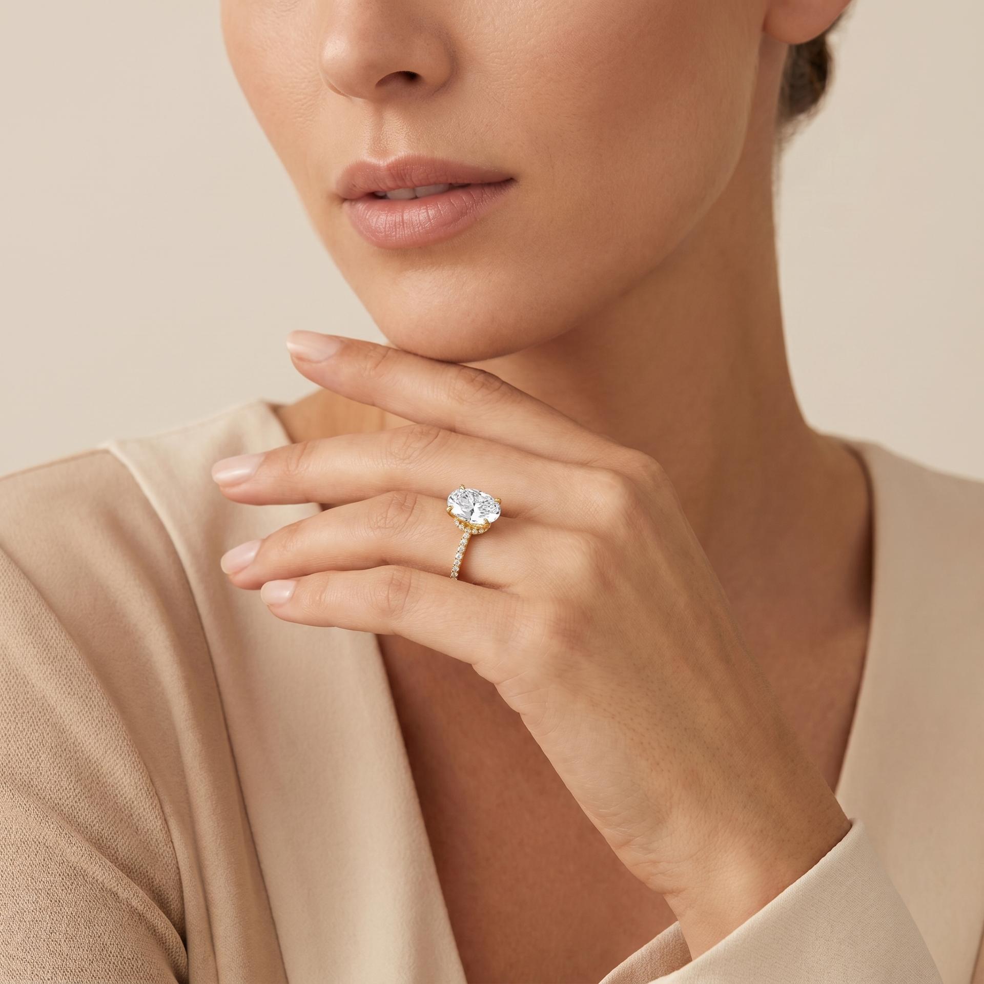 Oval Hidden Halo Pavé Ring on model