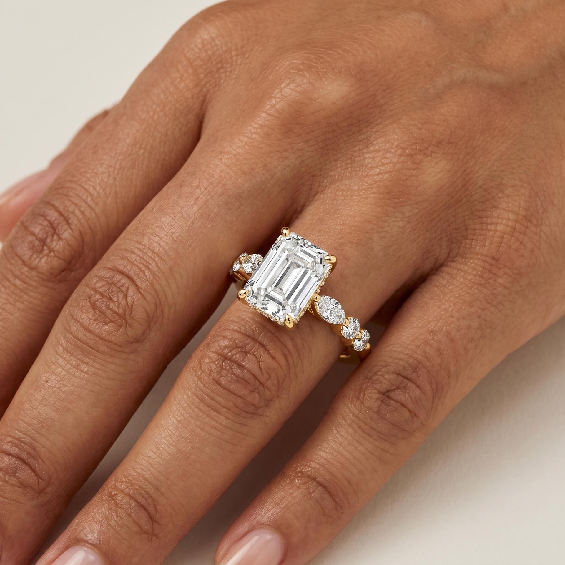 Emerald Hidden Halo Diamond Ring on model