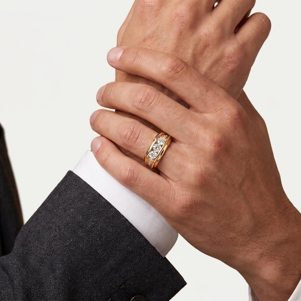Three Stone Channel Set Men's Ring on model