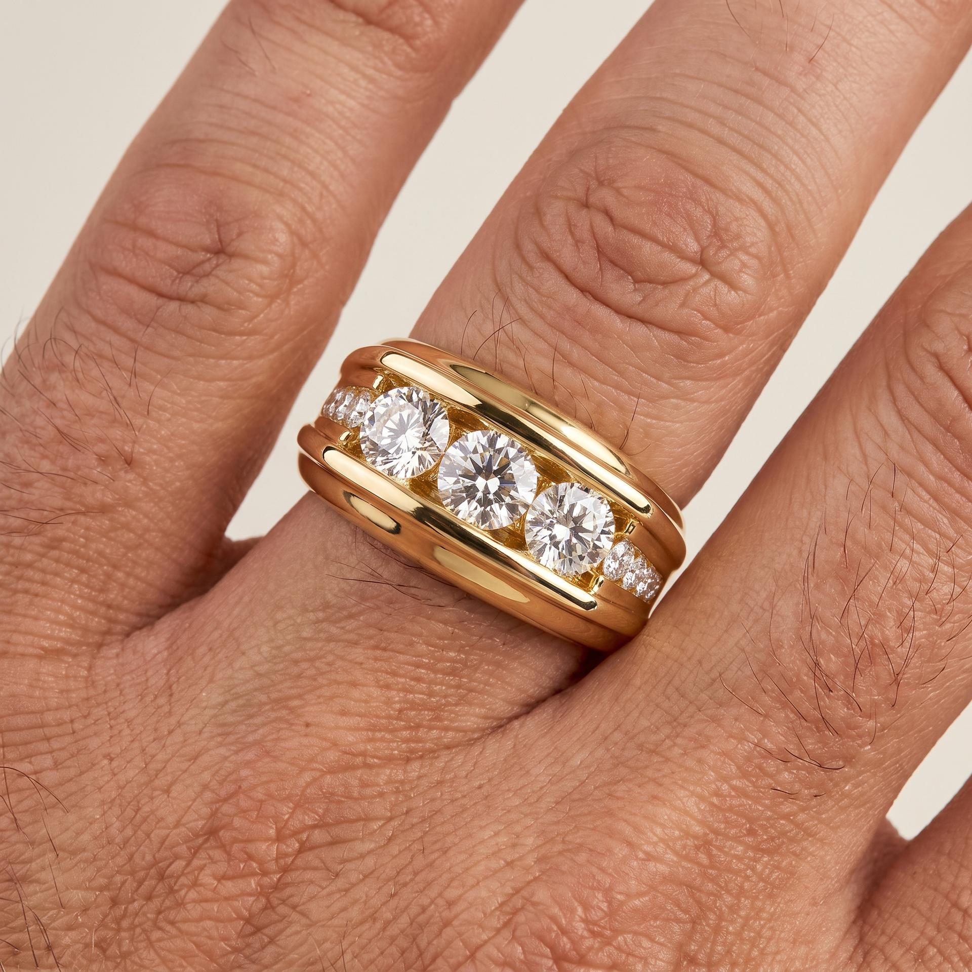 Three Stone Channel Set Men's Ring on model