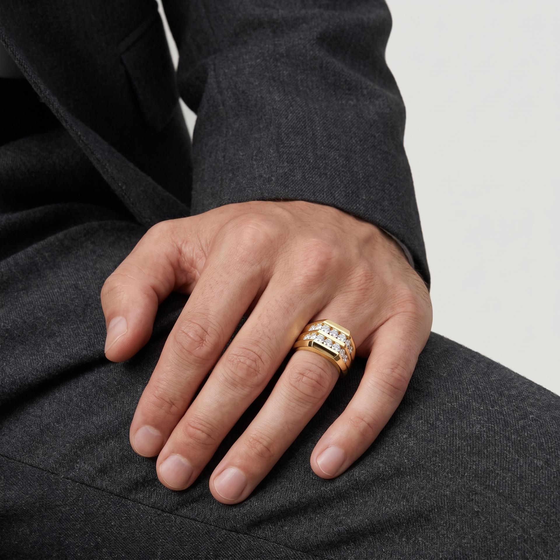 Double Row Channel Set Men's Ring on model