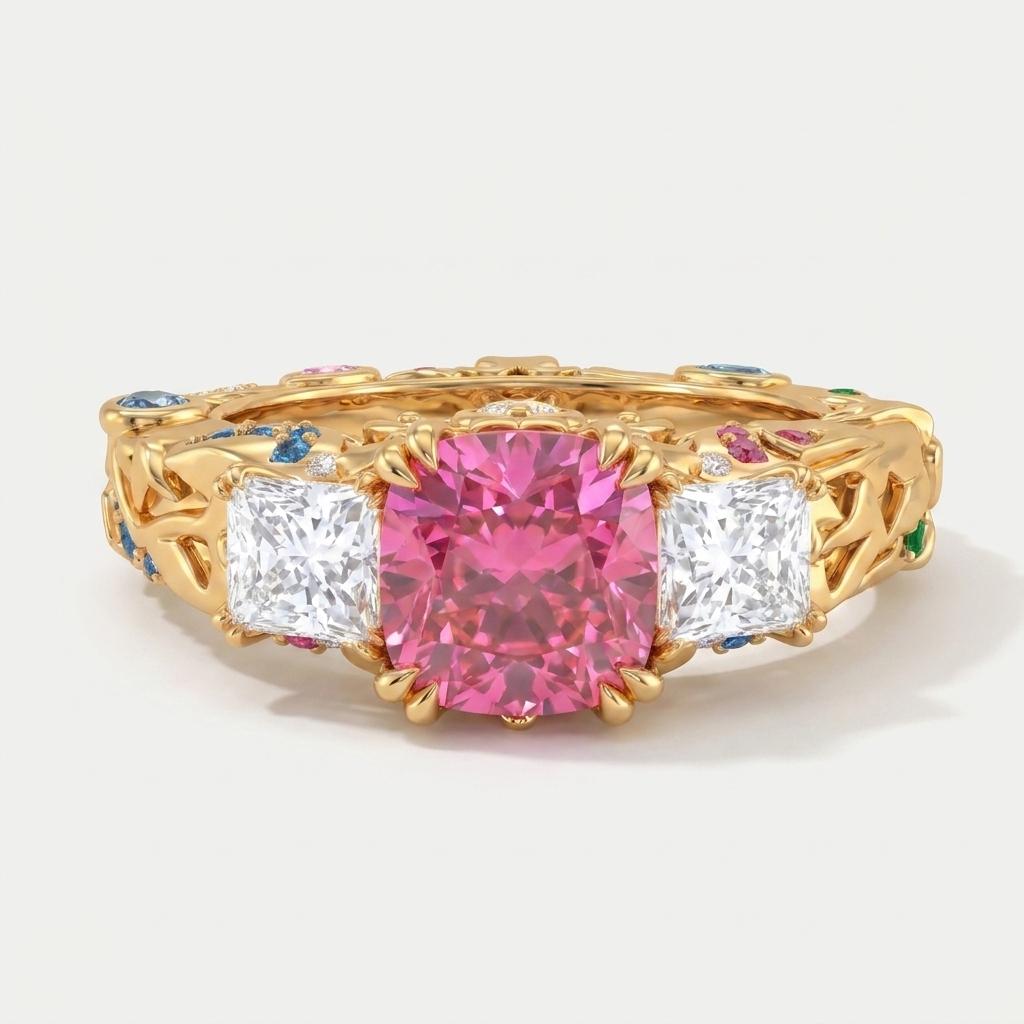 Fancy Pink Cushion Diamond Three Stone Ring