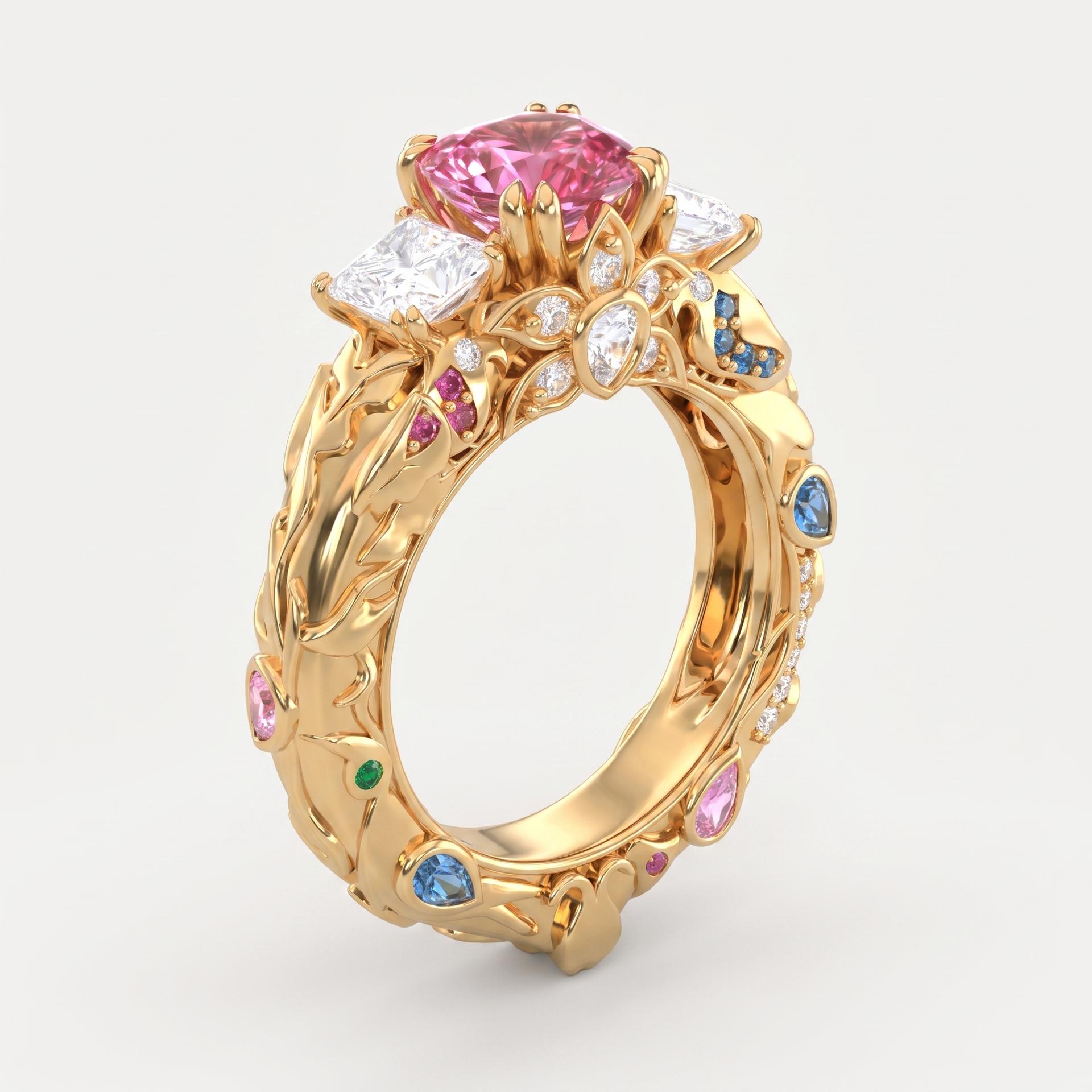 Fancy Pink Cushion Diamond Three Stone Ring on model