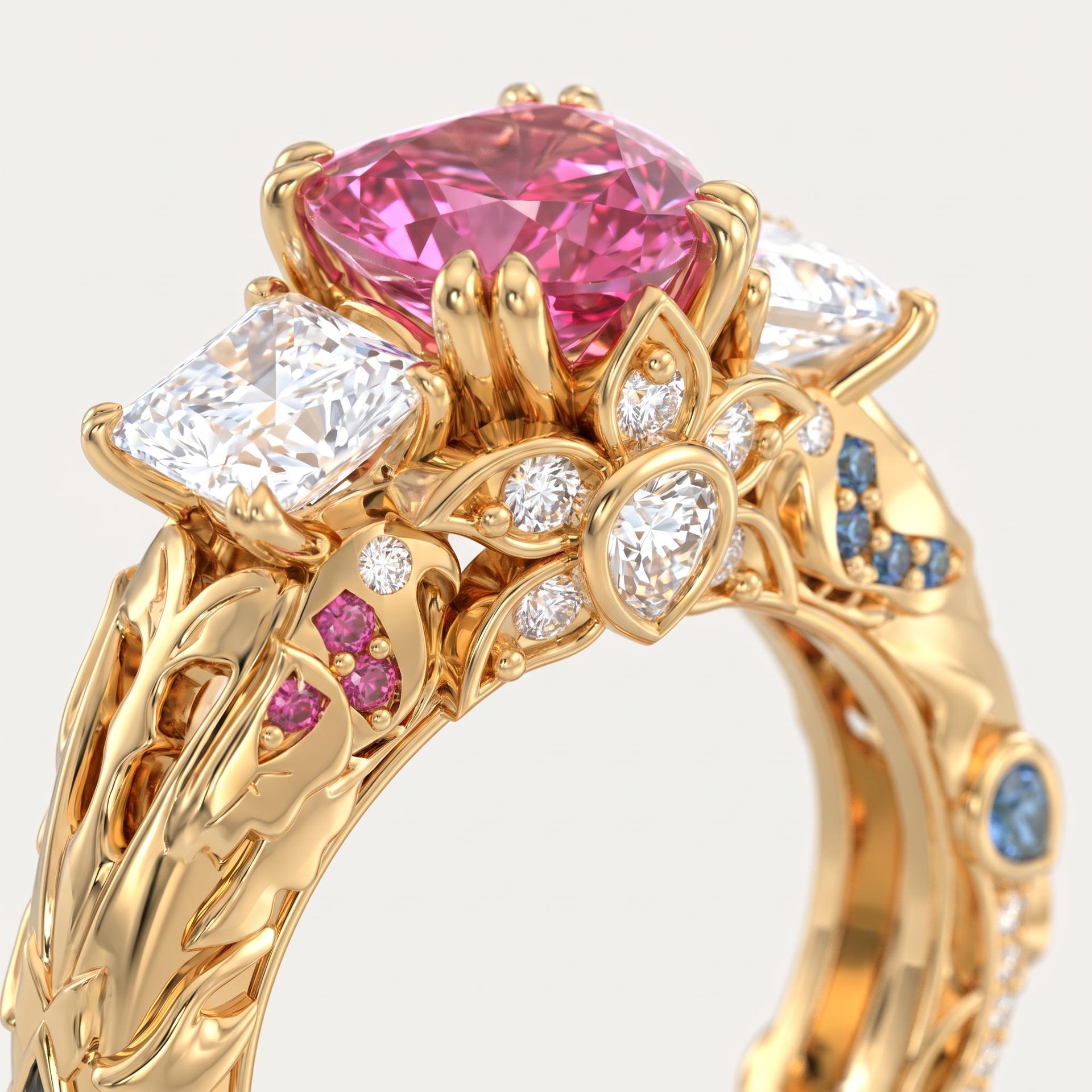 Fancy Pink Cushion Diamond Three Stone Ring on model